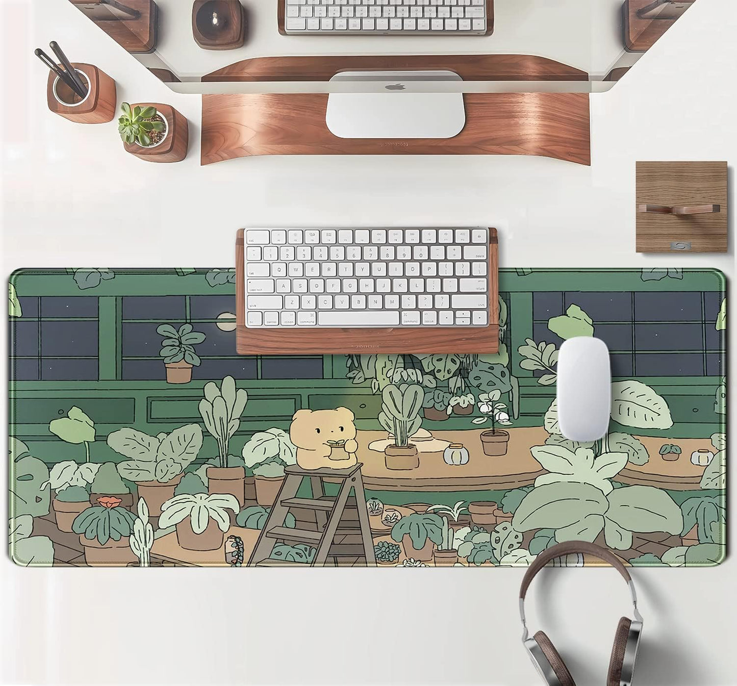 Kawaii Bear XL Gaming Mouse Pad & Desk Mat - 31.5x11.8 in, Aesthetic Brown & Green Forest Keyboard Pad