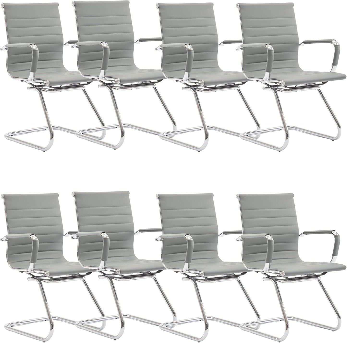 Office Desk Chair Set of 8,No Wheels PU Leather Computer Chairs Mid Back Guest Chairs with Seld Base for School/Reception/Conference/Waiting Room,Grey