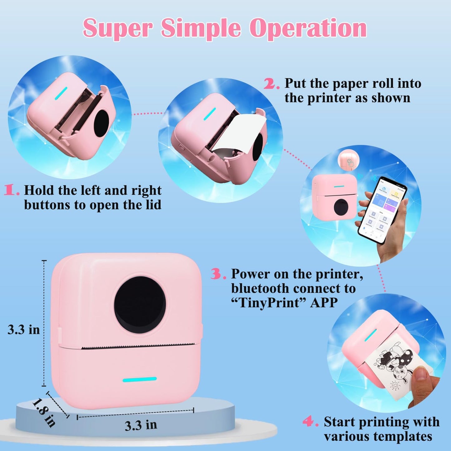 Mini Portable Printer, Inkless Sticker Printer with 12 Rolls Paper, Thermal for Notes/Photos/Stickers/Labels/Receipts, Compatible with iPhone, Android Phone & Tablet, Pink