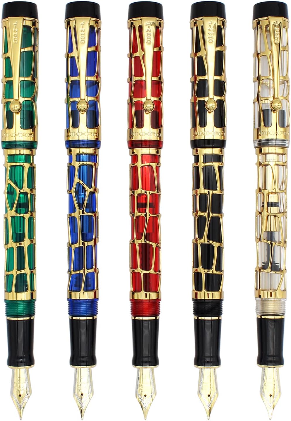 Gullor Century 100 Fountain Pen, Skeleton Hollow-out Series Golden, Screw-Cap, Fine Nib, Transparent Red