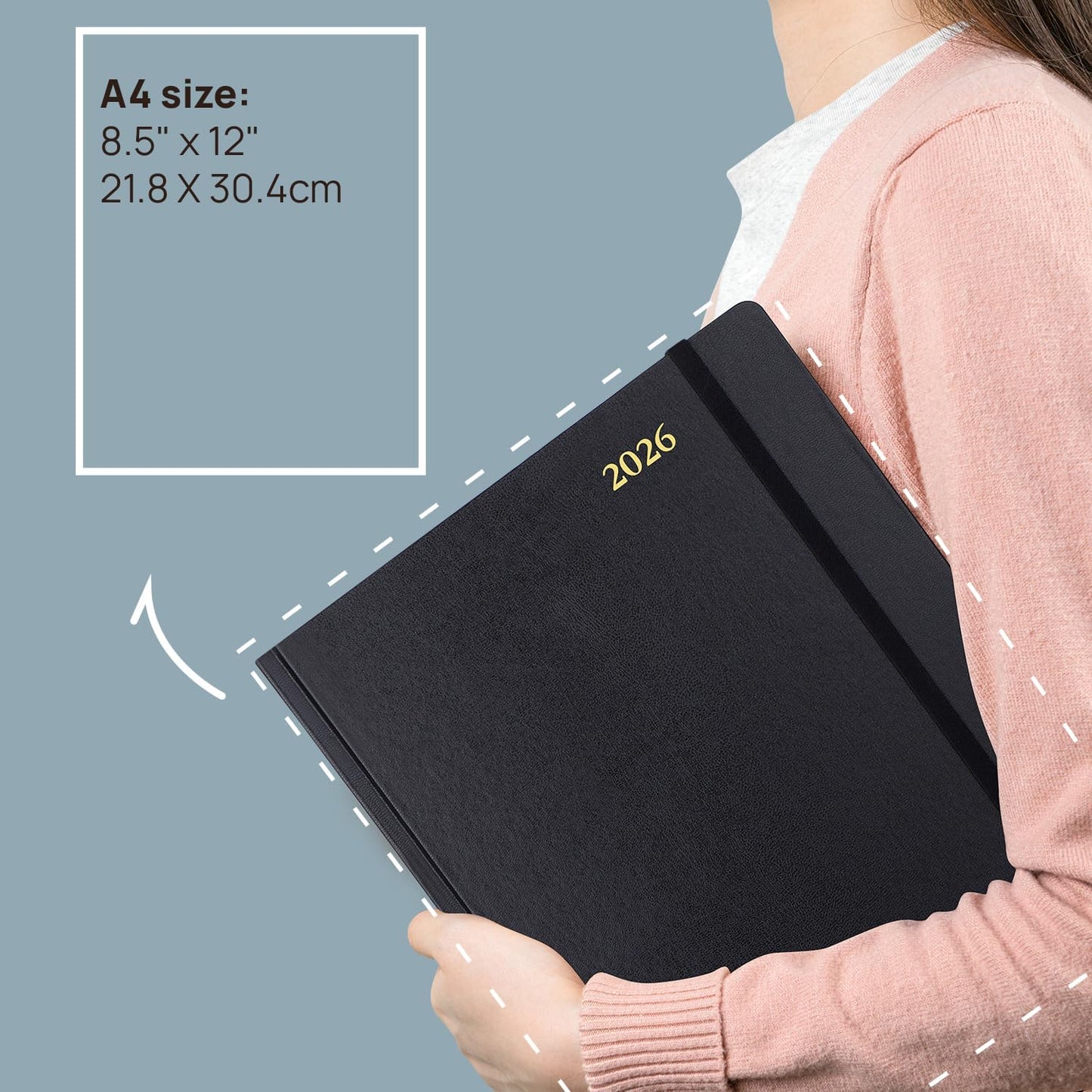 POPRUN 2026 Daily Planner One Page Per Day Even Weekends A4 Large Size (8.5" x 12") - 12 Months Calendar Hourly Appointment Book with Inner Pocket, Pen Holder, Hardcover - Midnight Green