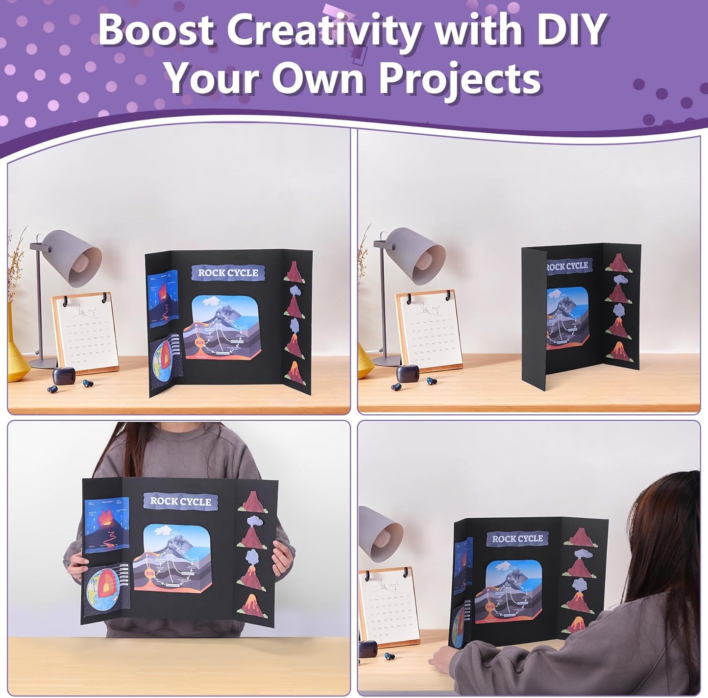 4 Pack Small Trifold Poster Board 21" x 14" Tri Fold Poster Boards Black Corrugated Cardboard Project Boards for Presentations, School Projects, Science Fair, Exhibition Event Display