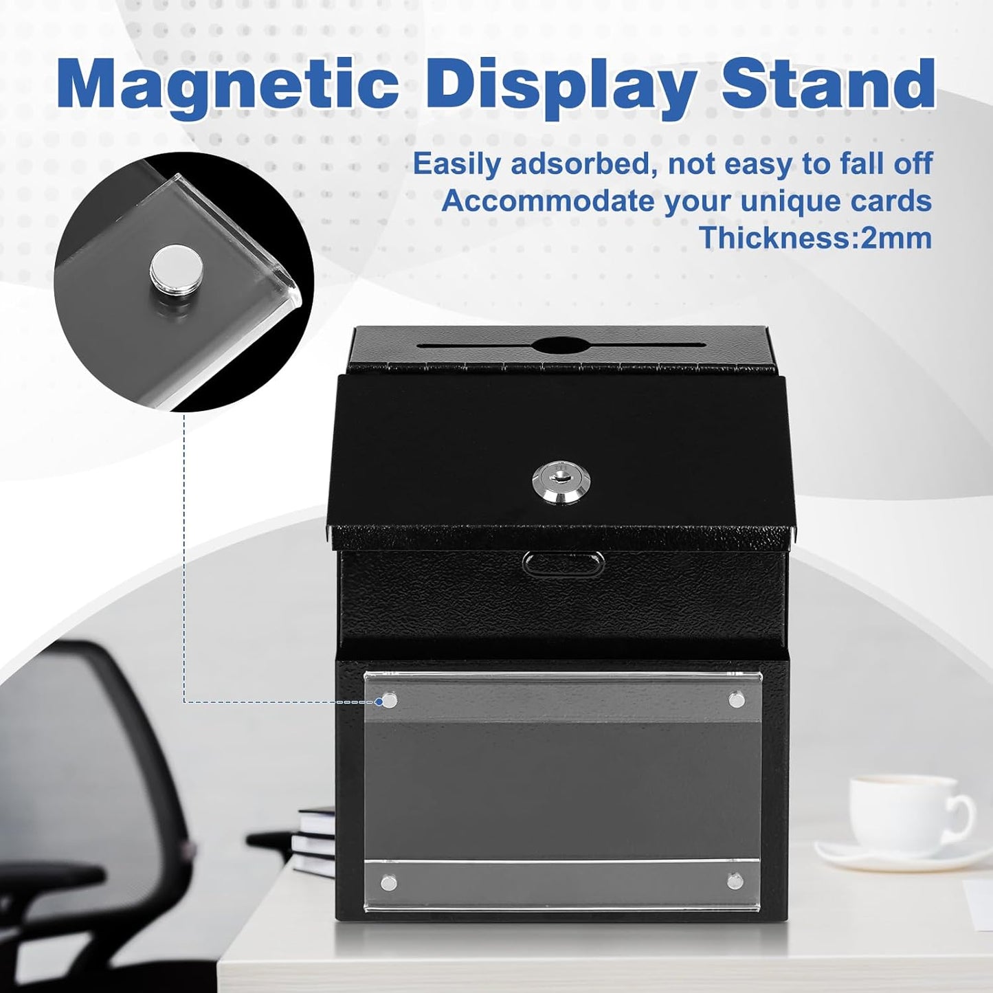 xydled Suggestion Box with Key Lock Magnetic Acrylic Sign Holder, Metal Donation Ballot Drop Box with Slot Tip Jar for Office, Fundraising, Church, School, 8.1'' x 7.1'' x 5.7'', Black