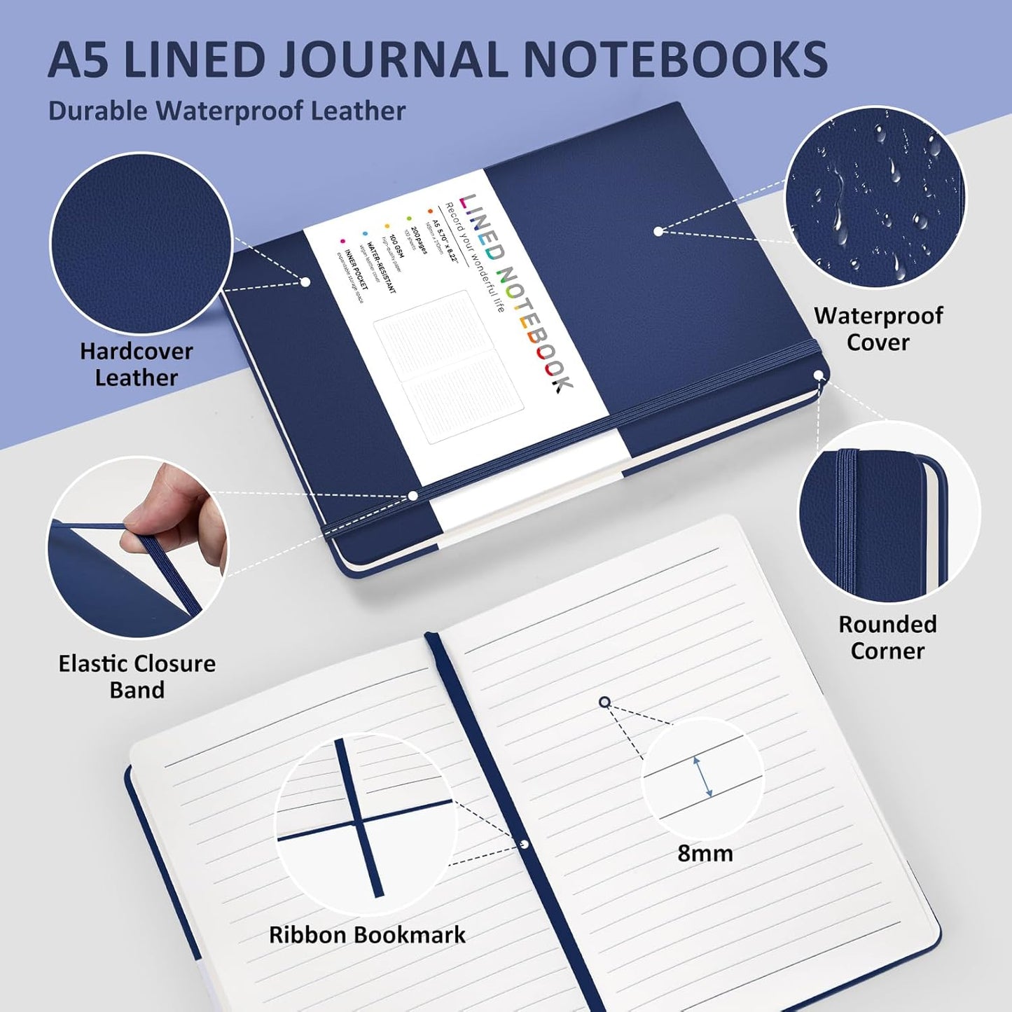 Lined Journal Notebook for Women Men, 200 Pages A5 Hardcover Leather Journals 5.7” x 8.3”, A5 College Ruled Notebooks with 100 GSM Thick Paper for Writing,Travel,School,Office,Work,Business(Blue)