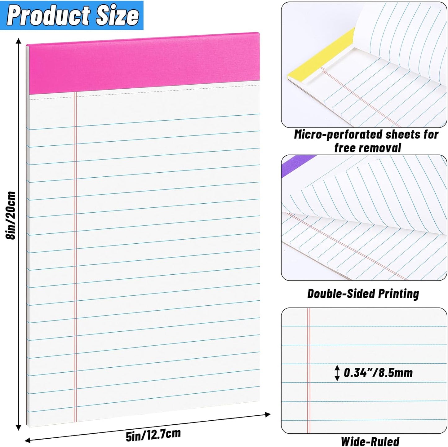 36 Pack Legal Pads Bulk, 5x8 Inch Rainbow Notepad, Note Pads College Ruled Perforated Memo Pad for Work Study Daily Note Taking List, Lined Writing Pads Memo Refills Notepads for Office Home School