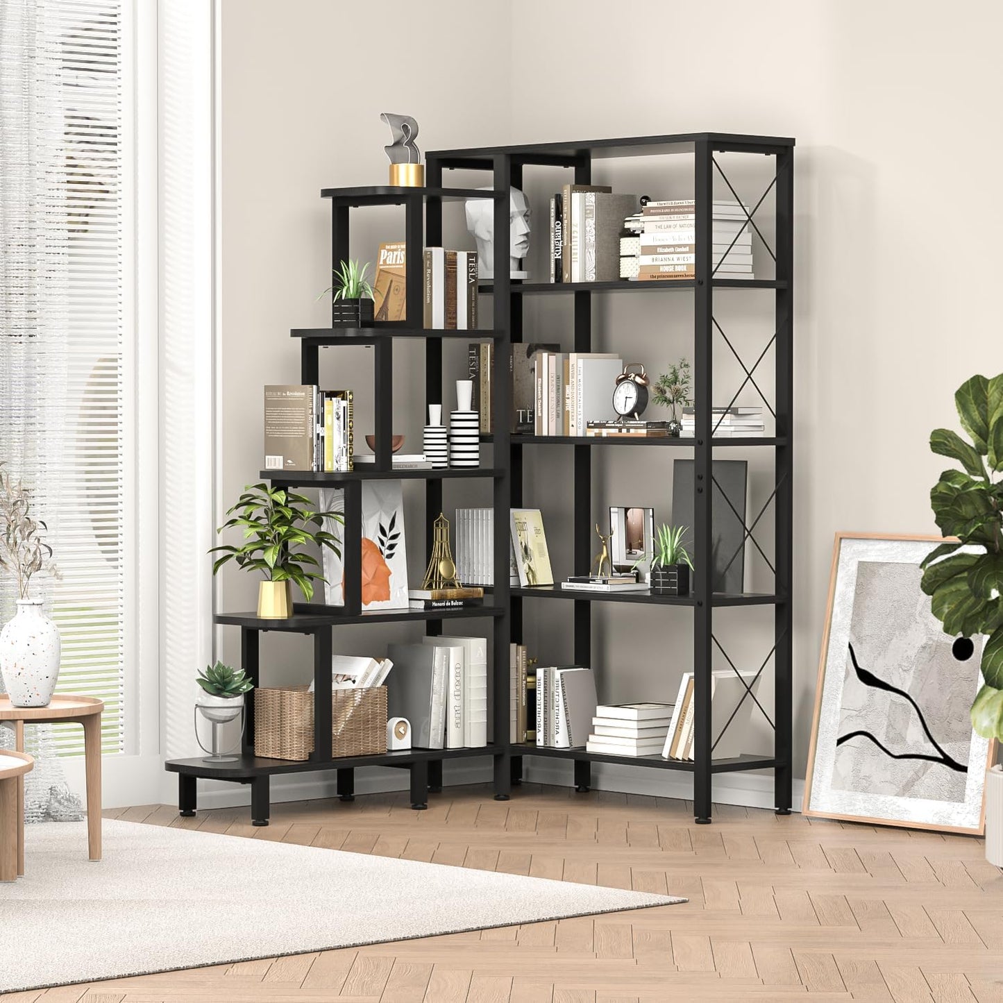 Corner Bookshelf Bookcase, Large Reversible 5 Tier Ladder Shelves Storage Display Rack with Metal Frame, Industrial Home Office Furniture for Living Room Bedroom, Black
