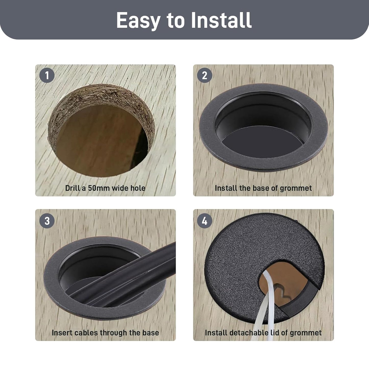 Desk Grommet 2 Inch 2 Pack Sturdy ABS Plastic Desk Hole Cover for Cables Detachable Desk Hole Grommet for Organizing Home & Office Table Cables - Black