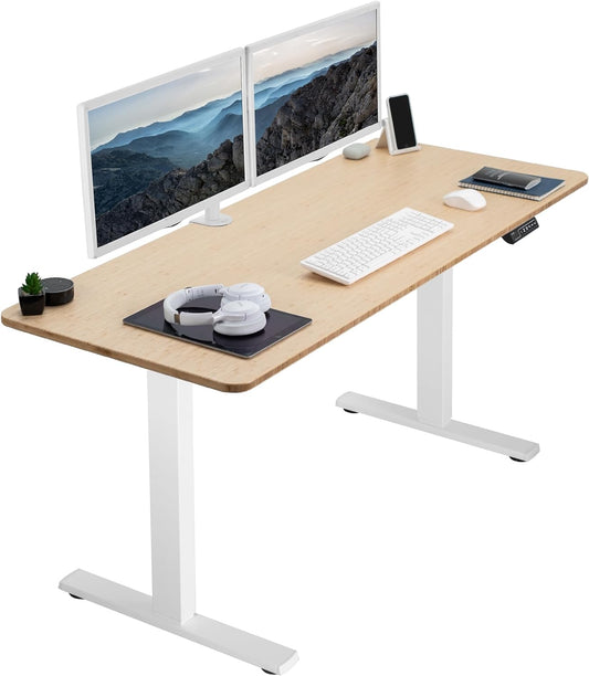VIVO Electric 60 x 24 in Real Bamboo Standing Desk, Memory Height Adjustment, 1B Series, One-Piece Top, White Frame, DESK-KIT-1W6O