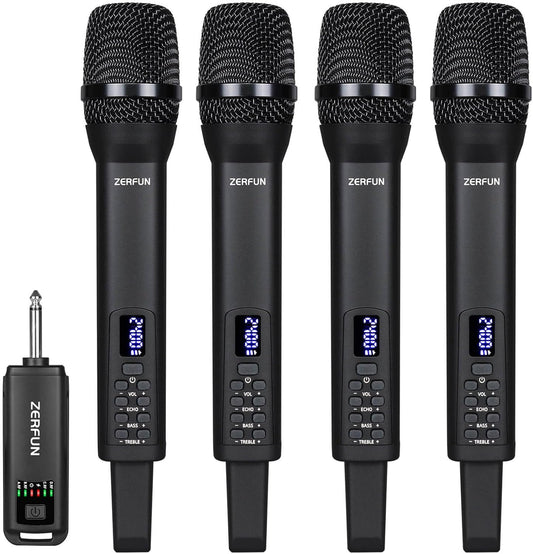 4 Rechargeable Wireless Microphones, Pro Handheld Cordless Mics System with Echo Treble BASS VOL Control for Karaoke Singing Church Party, 1/4'' Output, Black