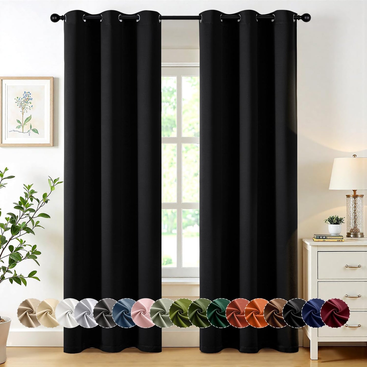 MIULEE Black Blackout Curtains for Bedroom Living Room 72 Inches Long 2 Panels, Thermal Insulated Room Darkening Drapes Solid Grommet Top Noise Reduction Light Blocking Halloween Window Curtains