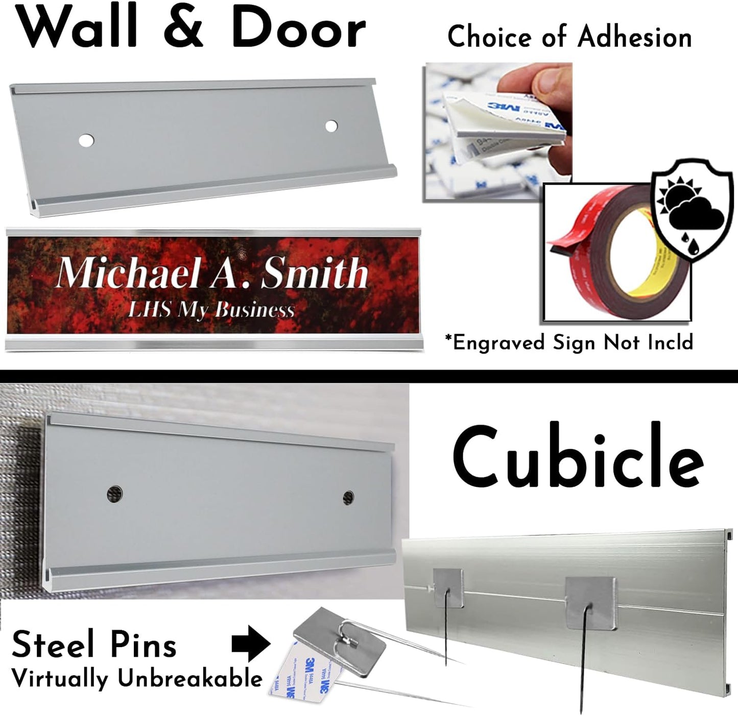 2x8 Executive Name Plate Holder, Silver Aluminum Adhesive Door Mount for Wall Plaques, Mailbox Signs and Cubicles | Made in USA