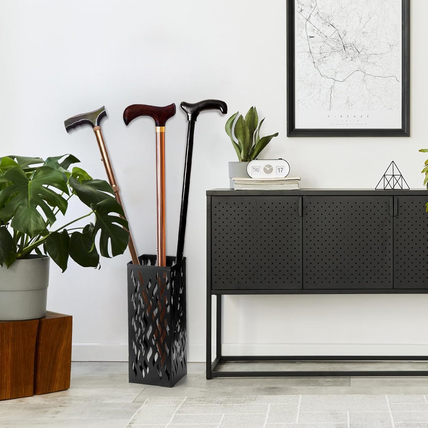 Metal Umbrella Holder, Heavy Square Canes Walking Sticks Stand Rack, Freestanding Rain Collection Umbrella Organizer, Black Umbrella Storage Bin for Entryway, Home, Office, 6.1"x6.1"x15.7"