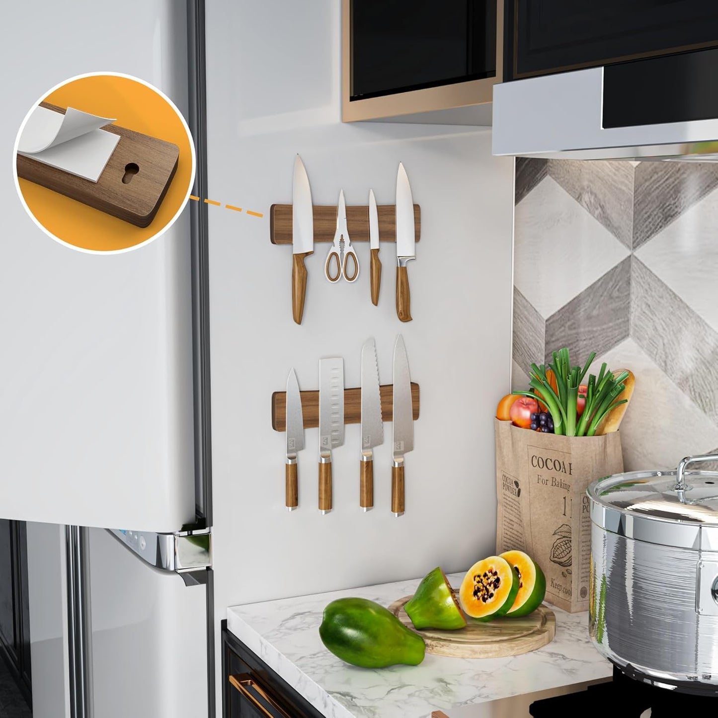 Magnetic Knife Holder for Wall, Acacia Wood Knife Magnetic Strip No Drill Knife Magnet Storage Bar Magnetic Tool Key Holder Strip for Kitchen Utensil Organizer (Dark Brown, 10 Inch)