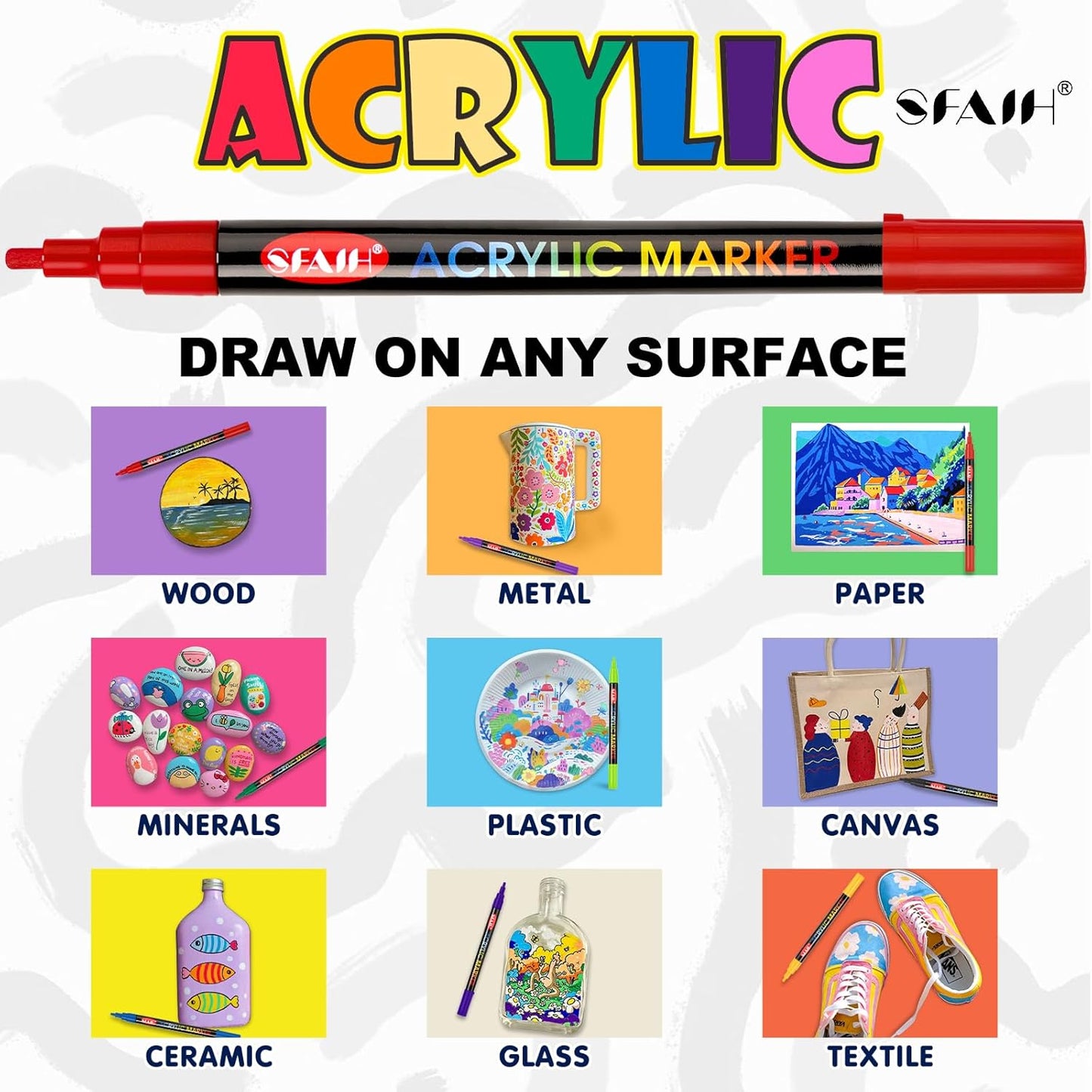 SFAIH 48 Vibrant Acrylic Paint Markers - [Ultra High Coverage]1-2mm Fine Tip Pen for Any Surface, Halloween Decorations, Pumpkin Painting, Paper Rock Fabric Wood, Non-Bleeding Permanent Ink, Non-Toxic