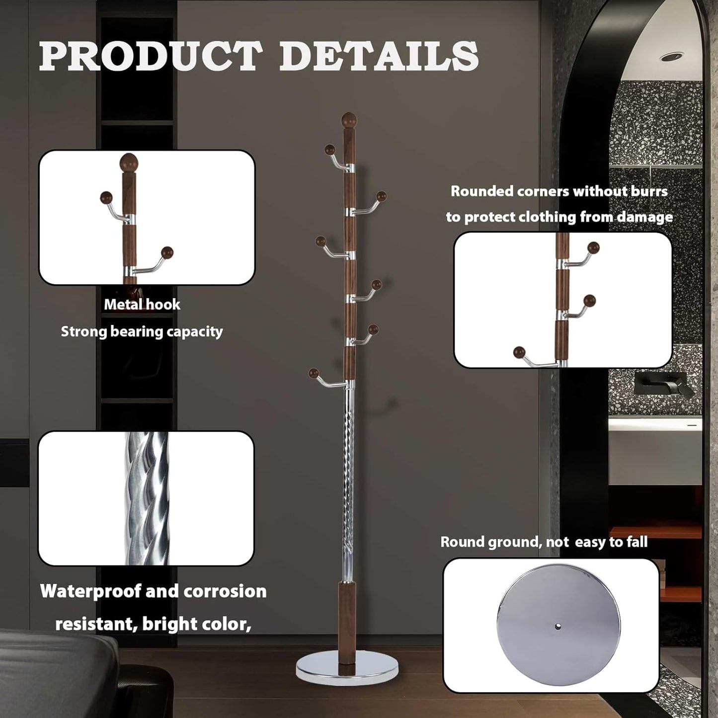 Coat Racks FreeStanding with 11 Hooks, Natural Wood Coat Rack with Solid Round Base, Adjustable Height Coat Racks, Easy Assembly for Hallway, Bedroom and Office (Walnut Metal)