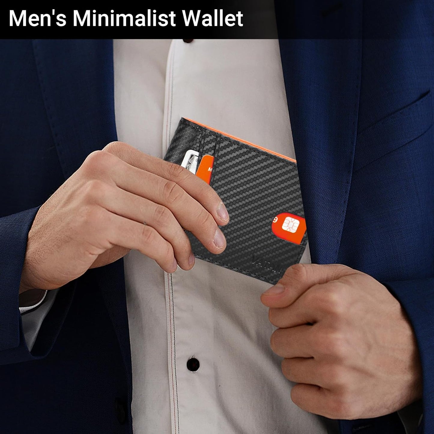 VATAN Wallet for Men, Mens Minimalist Wallet Credit Card Holder, Slim Leather Rfid 2 ID Window Large Capacity With Gift Box (Carbon Black and Orange)