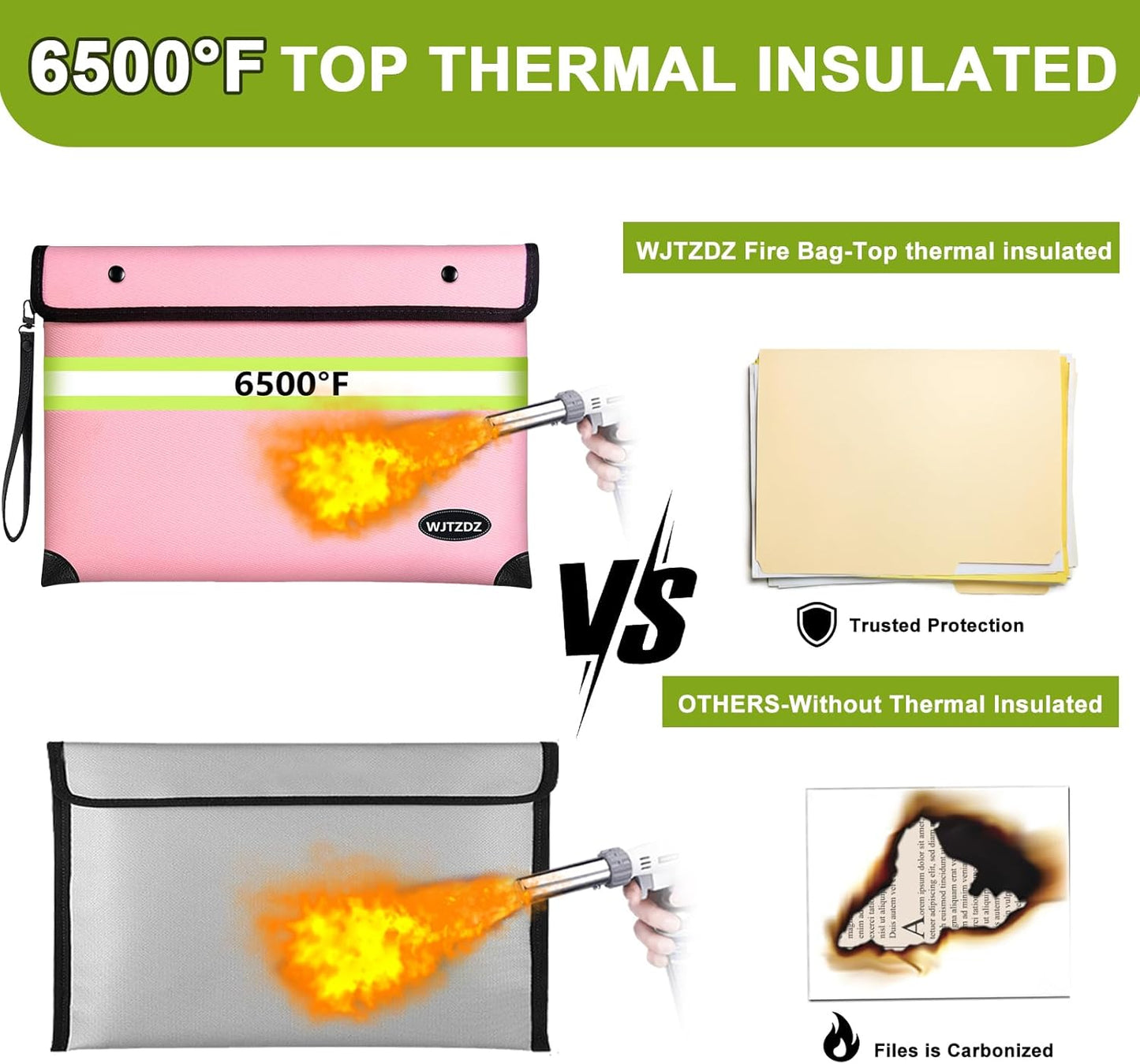 Upgraded Fireproof Money Bag,10 Layers of Heat Insulated Materials,6500F Fireproof,Waterproof Zipper,Reflective Strip,Document Bag with Handle for Cash,Important Documents（Not Suitable for A4 Files）