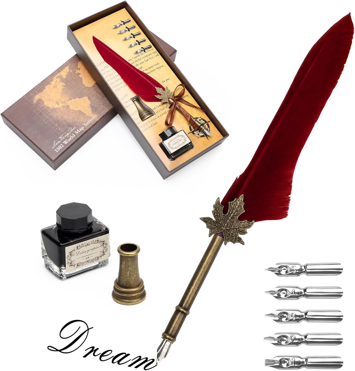 AHIER Quill Pen and Ink Set, Feather Pen Quill Pen Set Includes 5 Steel Replacement Nibs,Pen Nib Base and Dip Ink Bottle for Antique Calligraphy (Red)