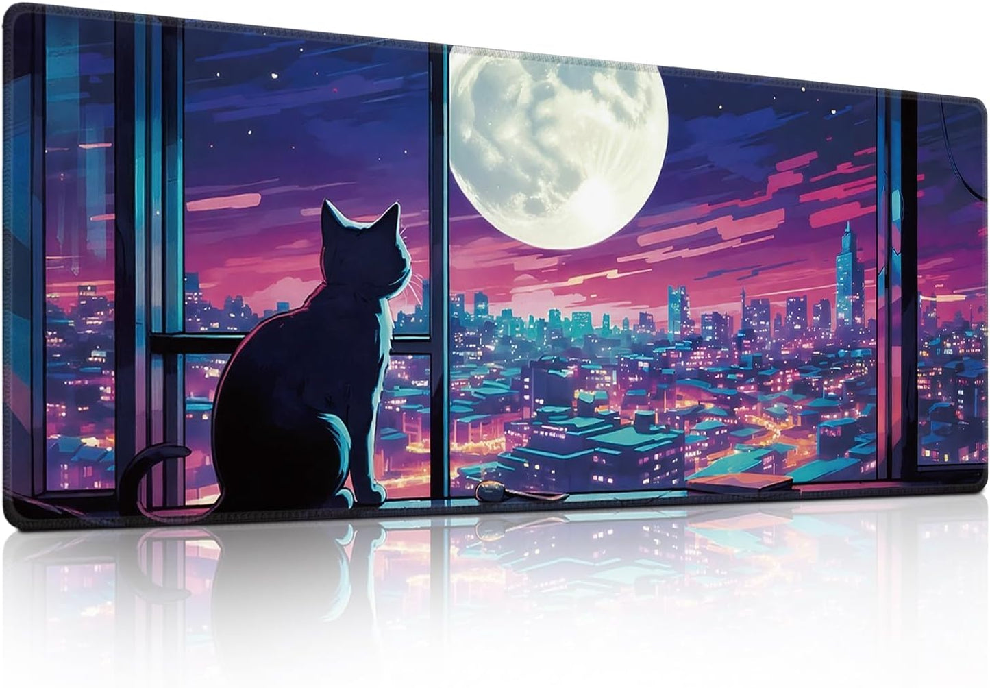 Cool Purple Moom Cat Mouse Pad, City Cats Busy Night Scene Mousead - Large Non-Slip Desk Mat for Office, PC, Laptop - 31.5"x11.8" x 3mm