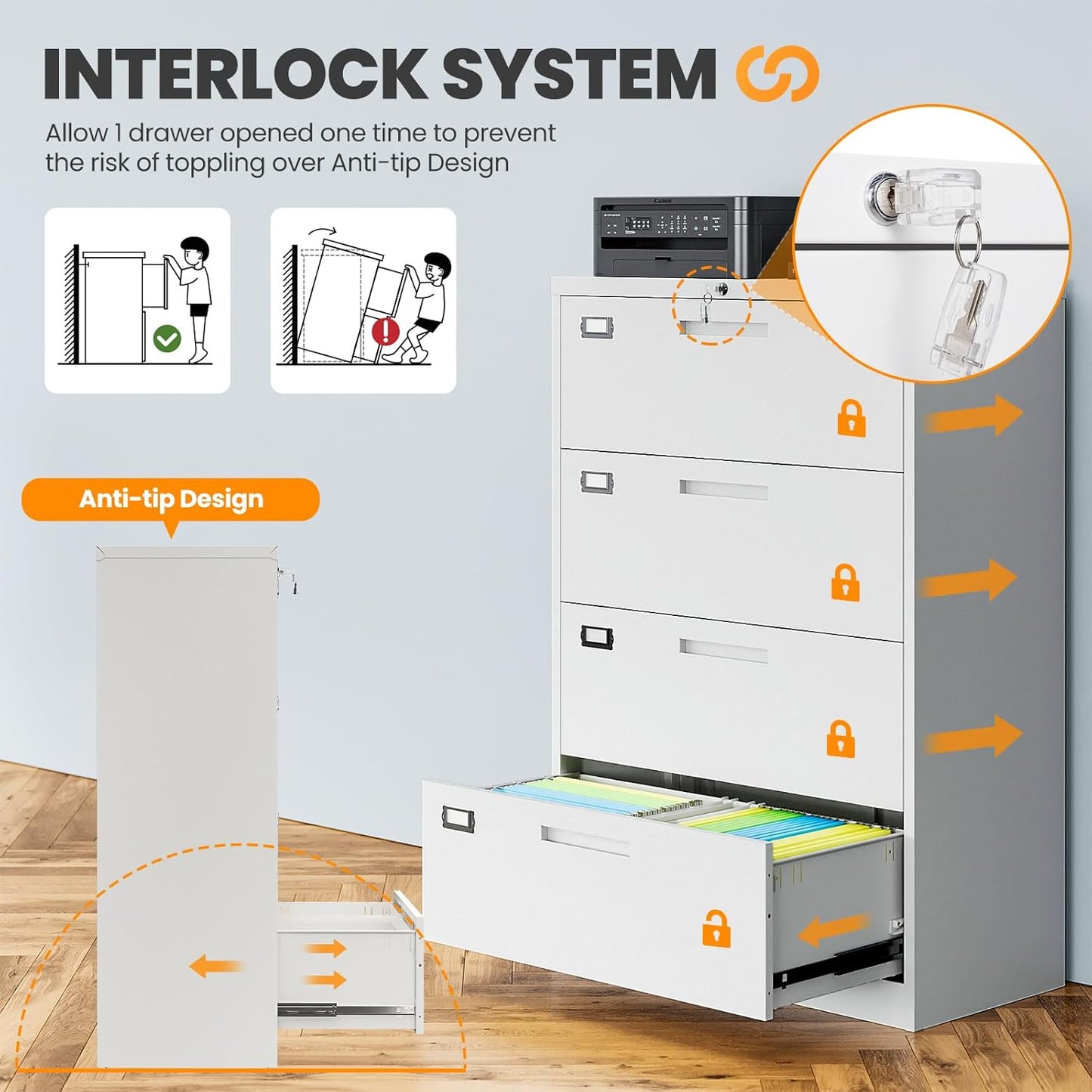 4 Drawer File Cabinets for Home Office, Metal Filing Cabinet with Lock, White Locking File Caninet Four Drawer, Office Storage Caninets Steel Cabnet for Letter/Legal/A4/F4-Assembly Required