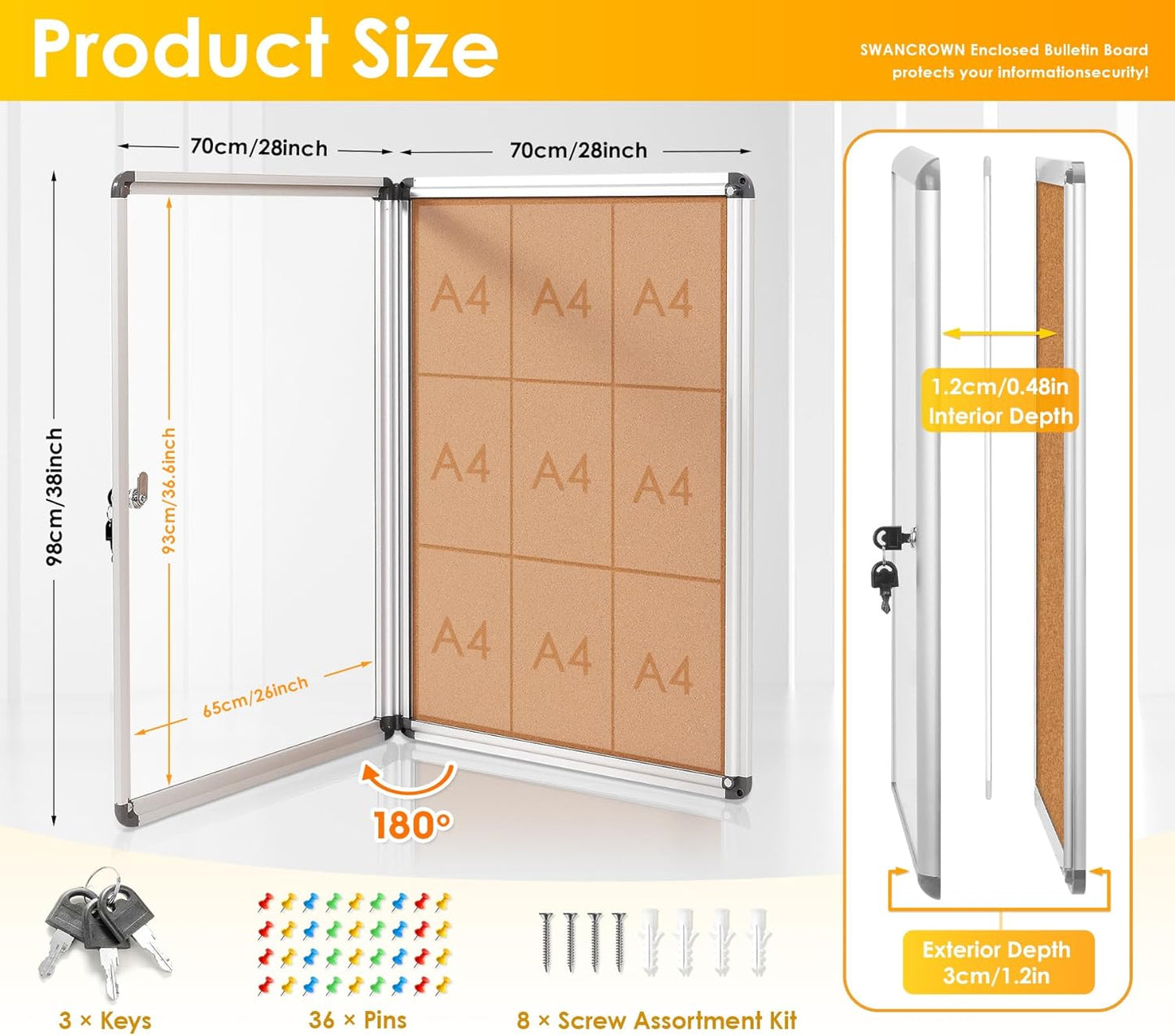 SWANCROWN Enclose Bulletin Board Tamper-Proof Dispaly Case School Office Cork Noticeboards for Information Photo, 38x28inch (9xA4)