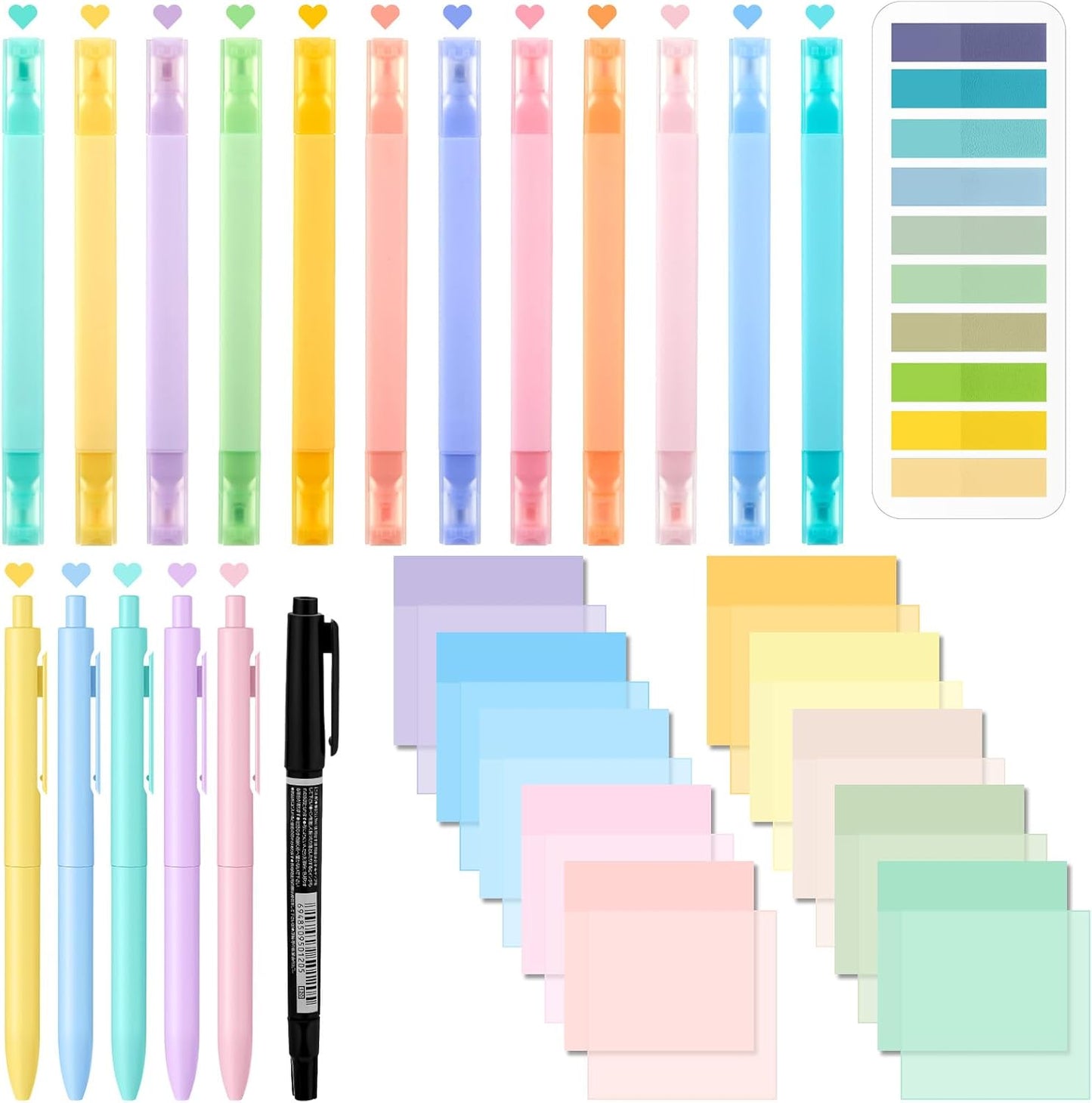 Jutom 38 Pcs Book Annotation Kit Aesthetic Highlighters Gel Pens Set Sticky Notes Tabs Markers Dual Ended Highlighter Quick Dry Ink Pens for Office Annotating Books(Bright Color,Square)