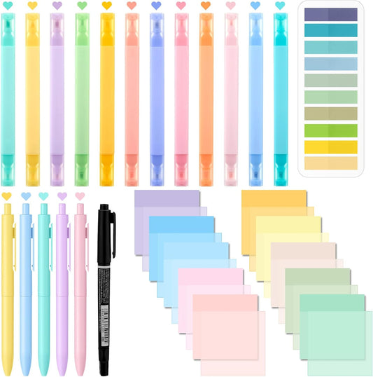 Jutom 38 Pcs Book Annotation Kit Aesthetic Highlighters Gel Pens Set Sticky Notes Tabs Markers Dual Ended Highlighter Quick Dry Ink Pens for Office Annotating Books(Bright Color,Square)