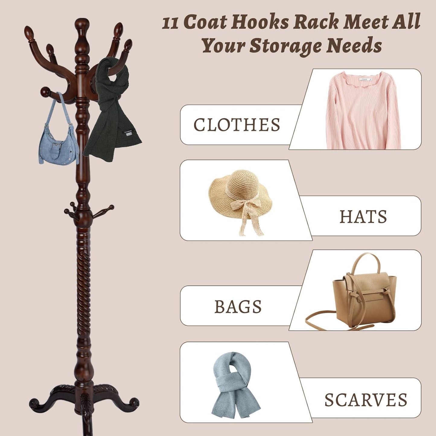 Wooden Coat Rack Freestanding with Resin Hooks, Adjustable Heavy Duty Stand for Hanging Coats, Bags, Hats, and Umbrellas in Living Room, Bedroom, Entryway (Tripod-Antique Color)