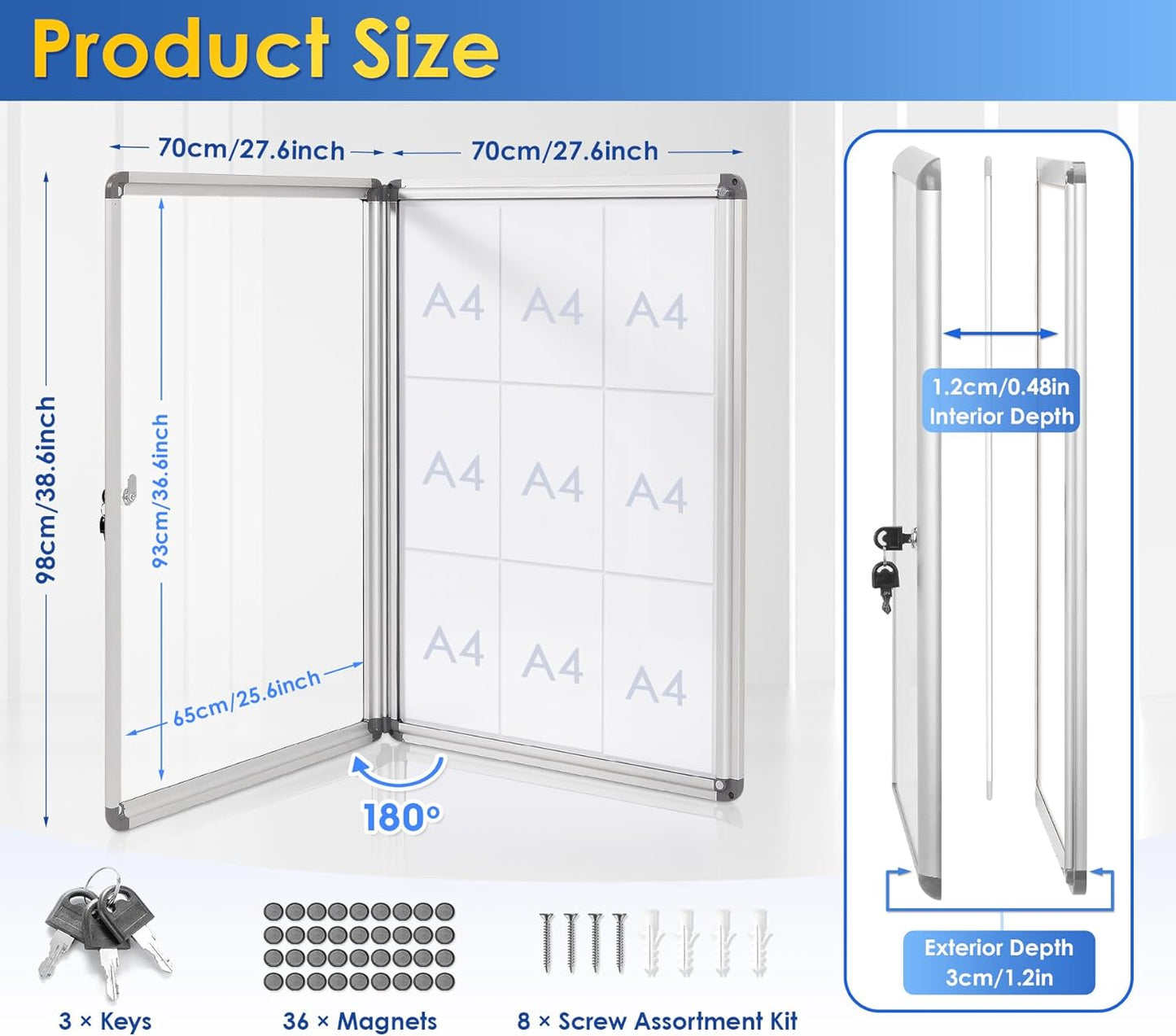 SWANCROWN Locking Bulletin Boards Enclosed Noticeboard White Glass Message Boards Indoor for School Office 38x28inch(9xA4)