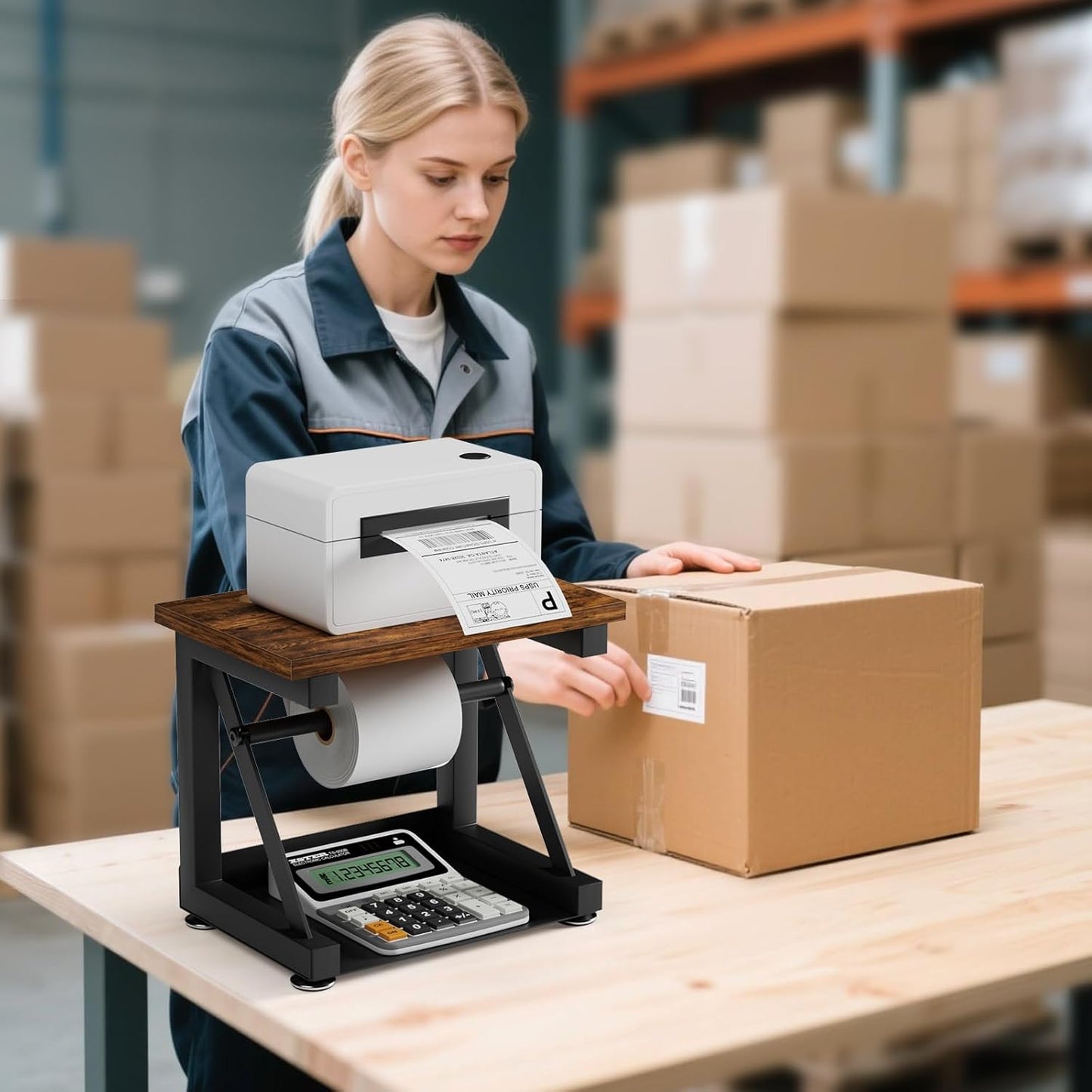 Label Holder for Thermal Printer, Heavy Duty Metal Label Holder for Rolls and Fan-fold Labels, Desktop Printer Accessory Supplies for Home, Office, Small Business (Black)