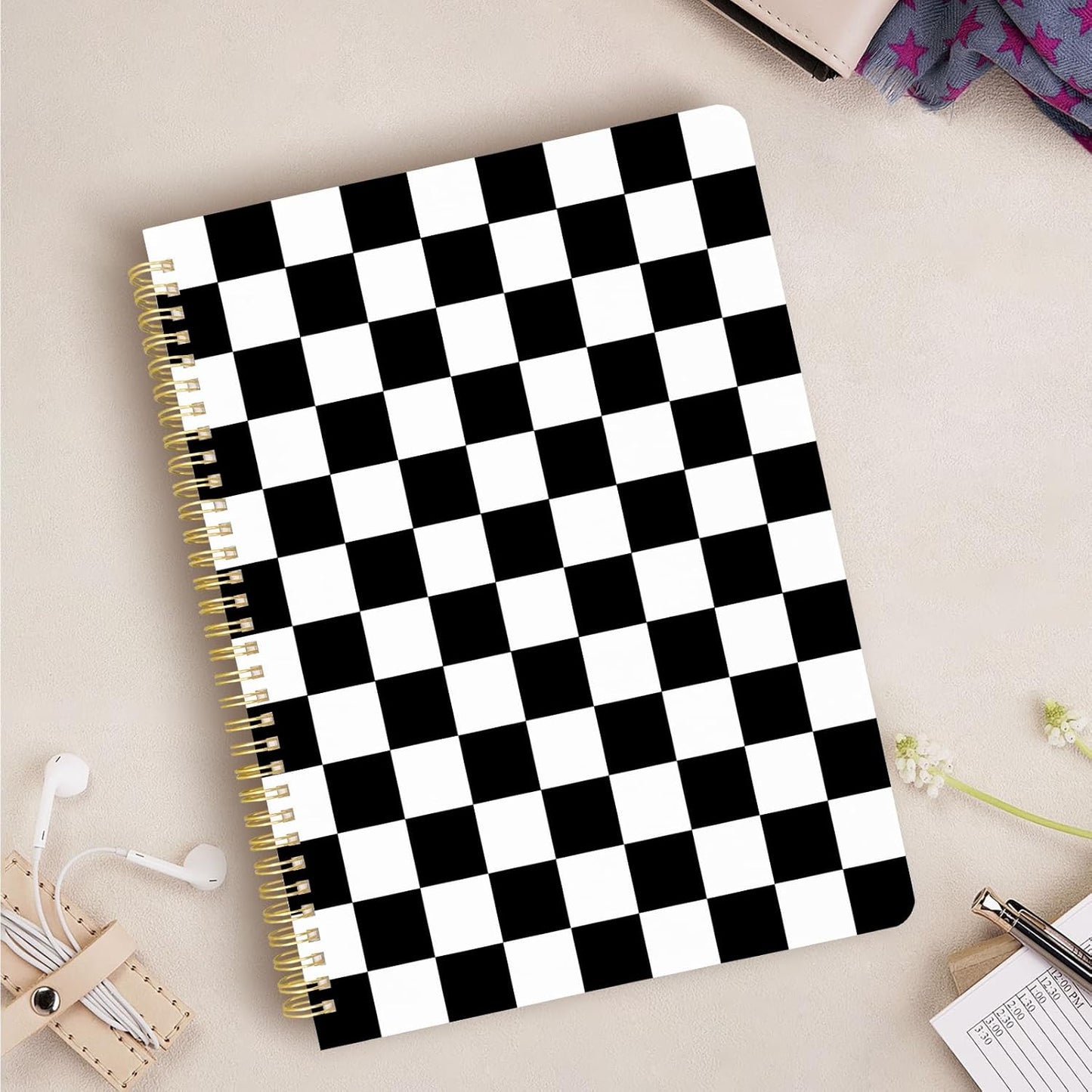 Cute Spiral Notebook journal A4 Aesthetic Pretty Design for Women Girls Kawaii with Pocket, 8.5 x 11 inch, Lined, Black Plaid