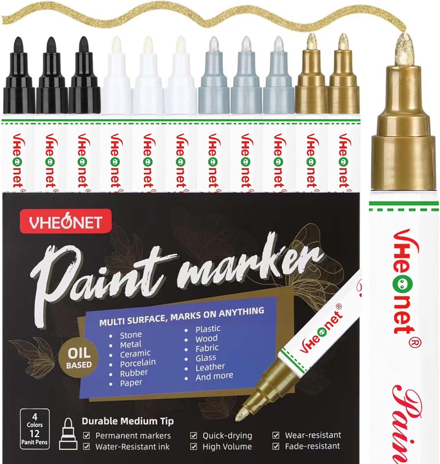 Oil Based Paint Pens,12 Pack Permanent Quick-Dry Paint Markers for Rock, Metal, Glass, Fabric, Wood, Plastic, Ceramic, Stone - Waterproof Art Supplies for DIY Crafts (Black,White,Gold,Sliver)