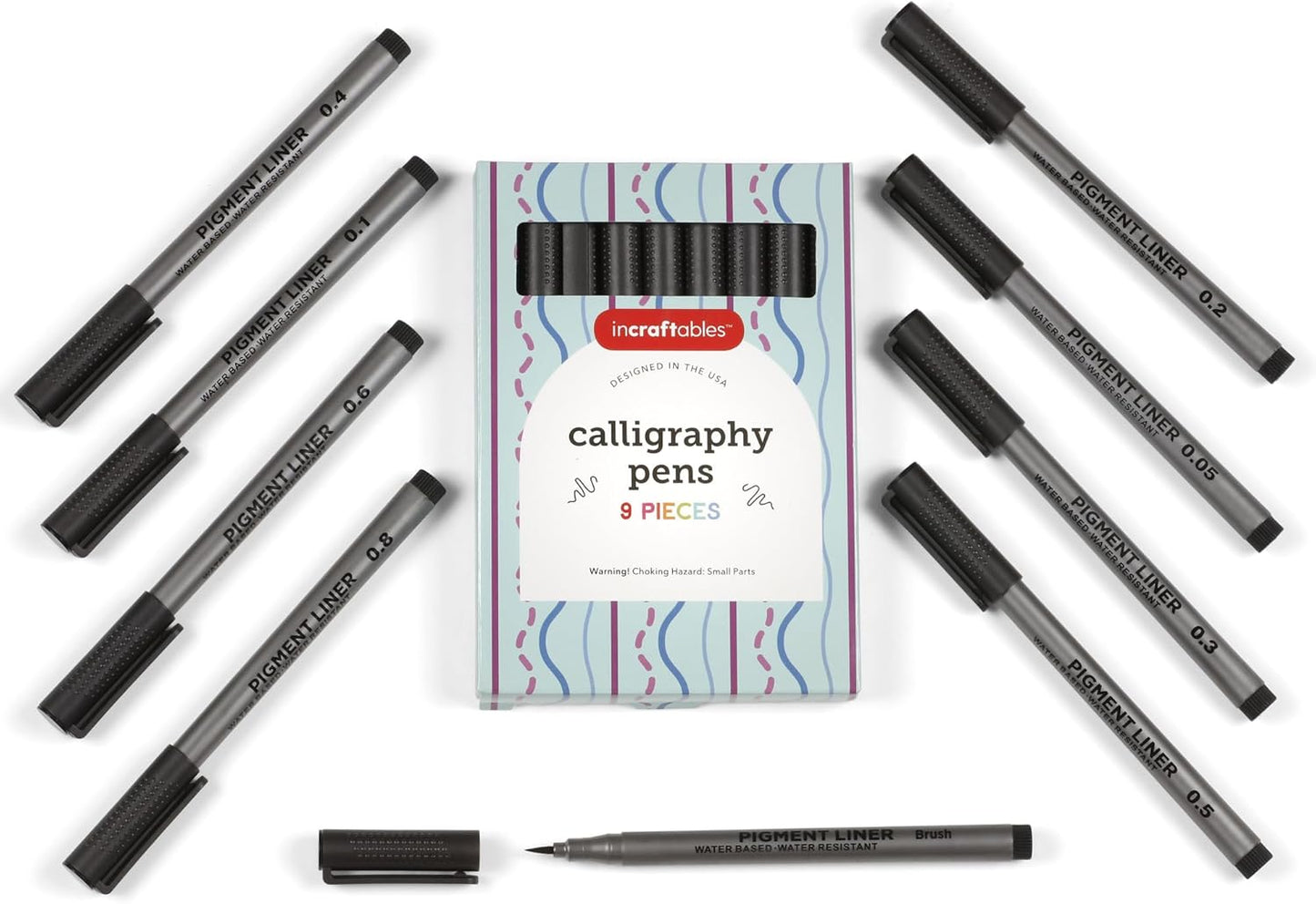 Incraftables Calligraphy Brush Pens – Pack of 9 Assorted Tips – Black Chisel Tip Markers for Hand Lettering, Writing, Sketching, Scrapbooking, & Art Projects – Beginner Kit for Kids & Adults
