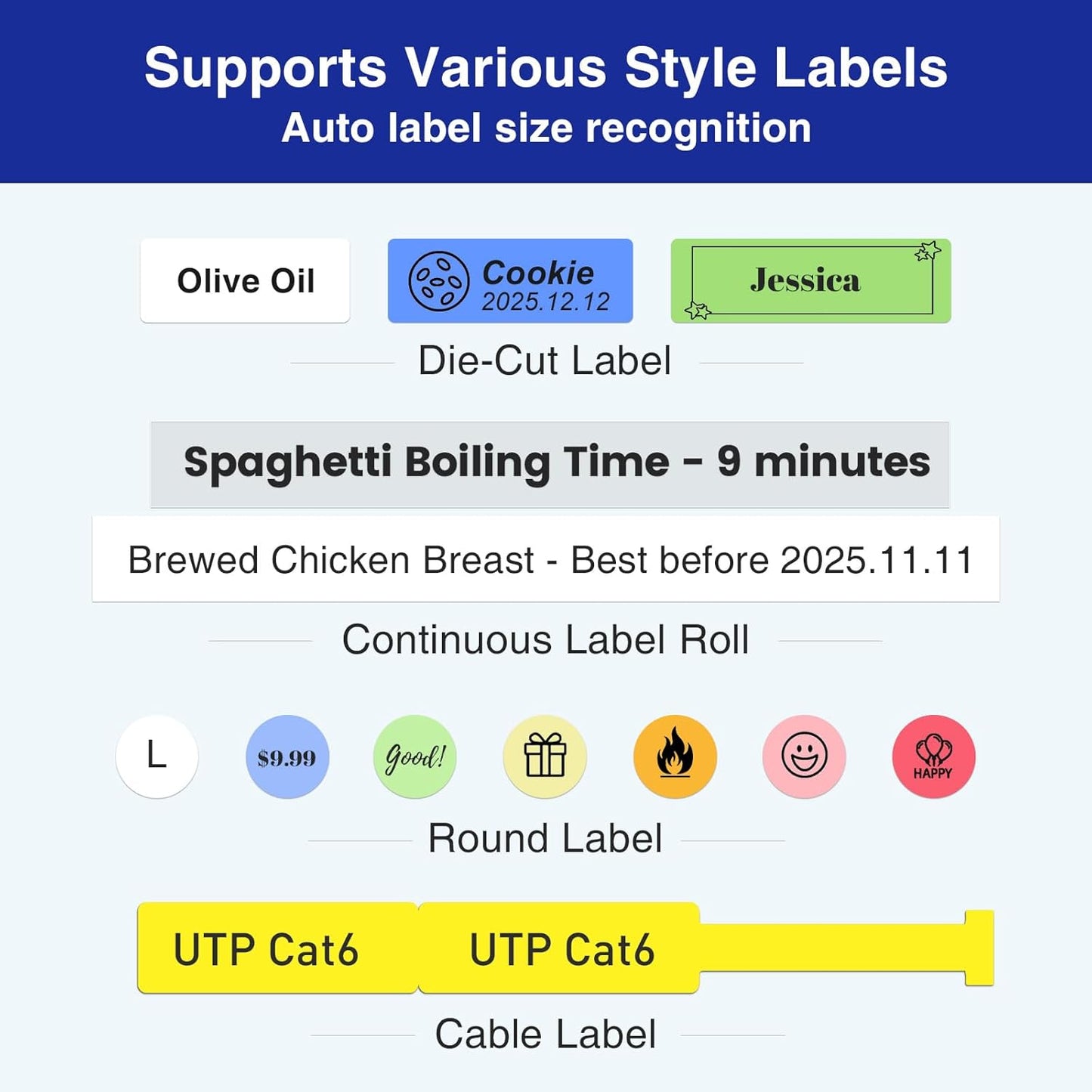 SUPVAN E11 Bluetooth Label Maker Machine with 4 Tapes, Support Keyboard & App with 40 Fonts and 450+ Icons, Rechargeable Inkless Labeler for Home, Kitchen, Office, School, Organization, Black