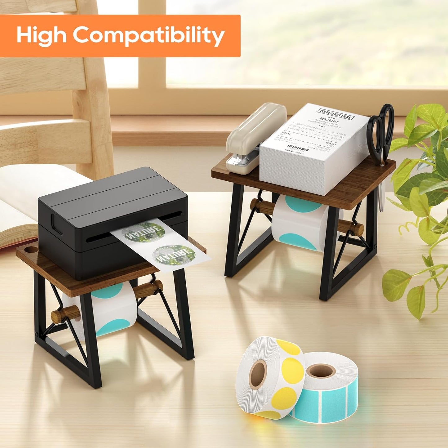 Label Holder for Rolls and Fan-fold Labels, Wooden Label Holder for Desktop Thermal Label Printer, Shipping Printer Accessory for Home, Office, Small Business (Black Walnut)