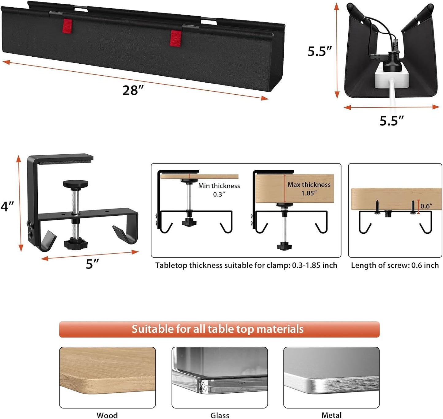 Univivi No Drill Under Desk Cable Management Tray, 28" Cord Organizer for Table, Clamp/Screw Mount Desk Cable Management, Premium Fabric Cable Management Tray for Office, Home
