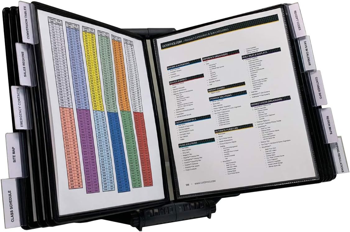 Ultimate Office AdjustaView 10-Pocket Desk Reference Organizer with Easy-Load Pockets and Compact Weighted Base for Stability, Black Pockets