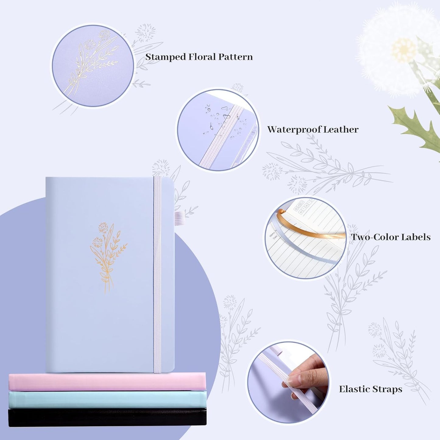 Lined Journal Notebook for Women Cute Leather Journals for Writing Aesthetic Floral Diary 192 Pages A5 Hardcover Journaling Notebooks with Pen Loop, 5.7 x 8.3 In, Purple