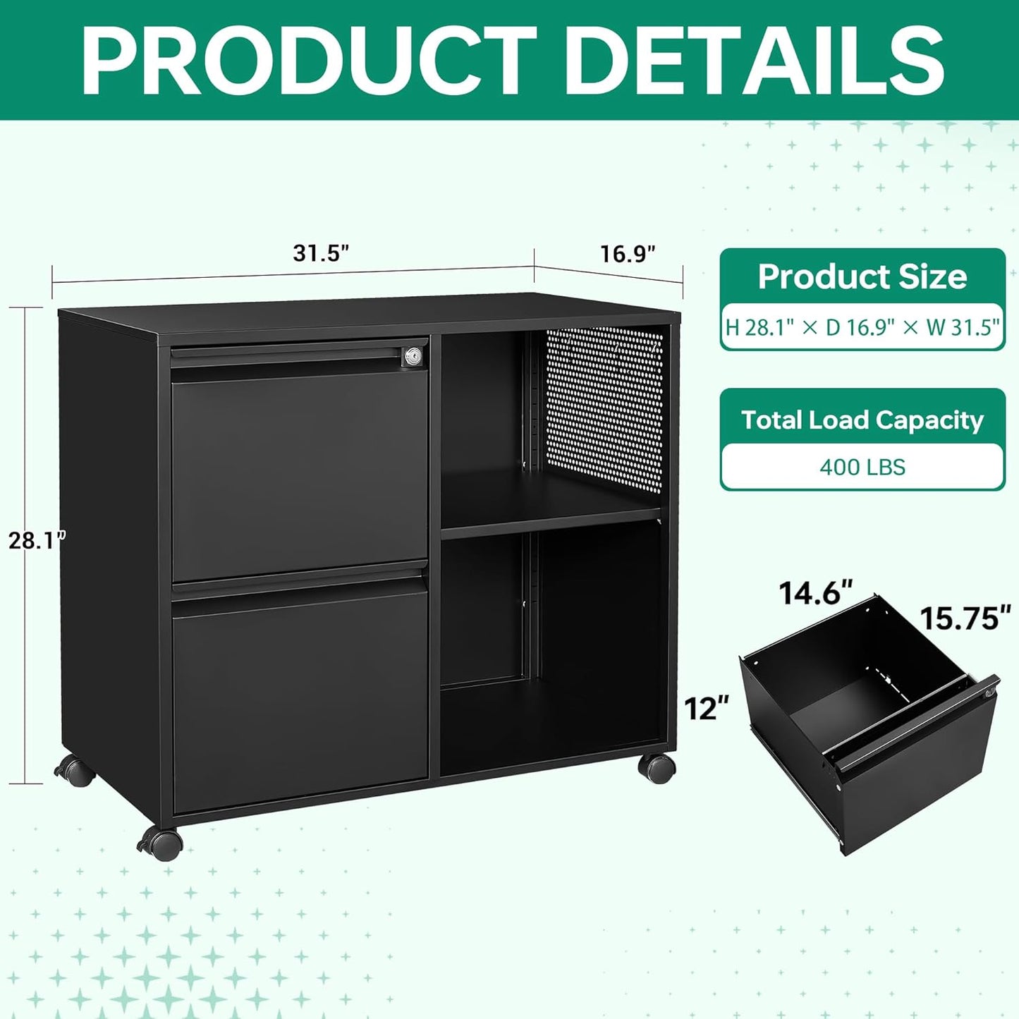 Letaya Mobile File Cabinet, Metal Lateral Rolling Printer Stand Filing Cabinets with Shelves for Home Office-Storage A4/F4/Letter (Black)