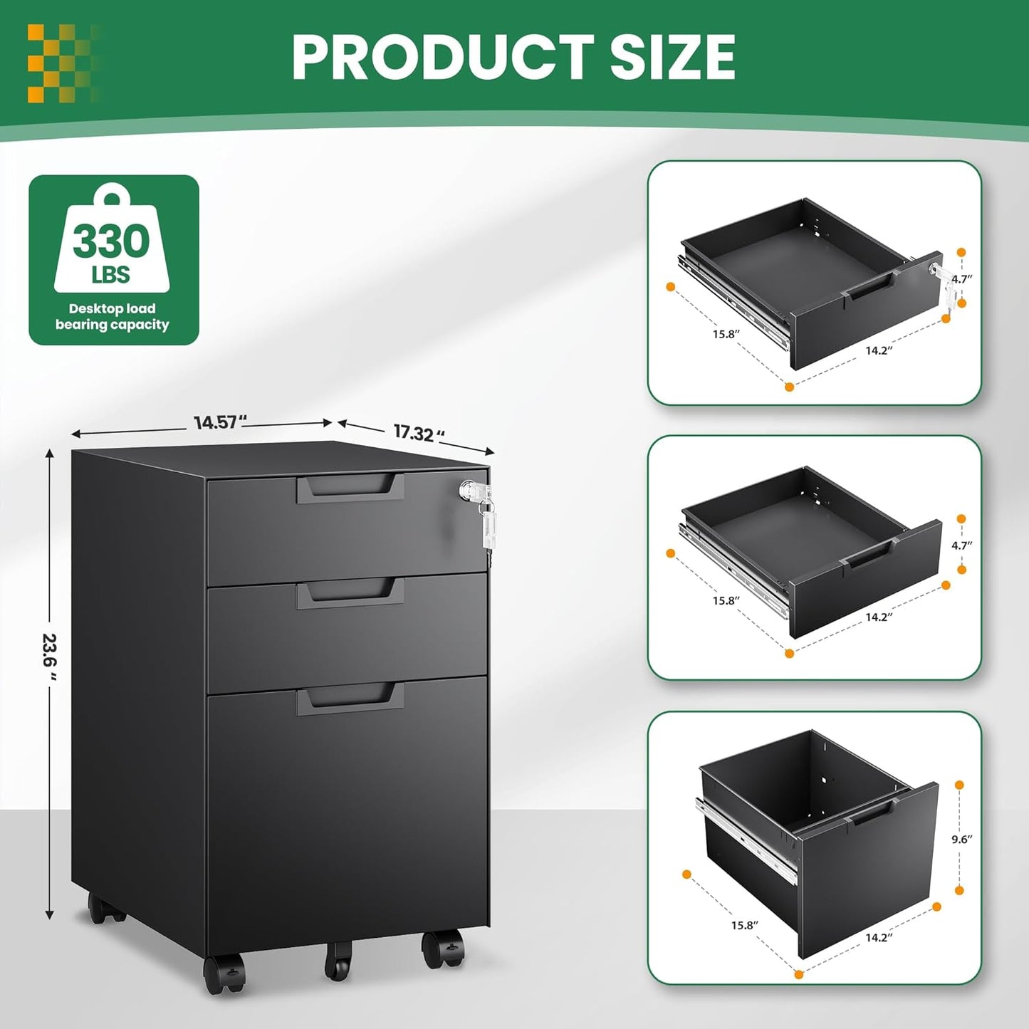 Mobile File Cabinet,3 Drawer Locking Storage Filing Cabinet,Office Metal Storage Cabinet on Wheels for Legal/Letter/A4 File(Fully Assembled，Black)