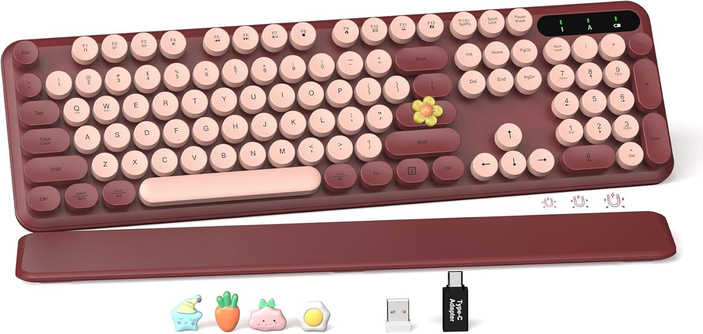 SABLUTE Wireless Keyboard, Round Keycaps, Retro Typewriter Keyboard with Detachable Wrist Rest, Sleep Mode, Foldable Legs, 2.4GHz Full-Size Cordless Computer Keyboard for Windows/PC/Laptop (Wine Red)
