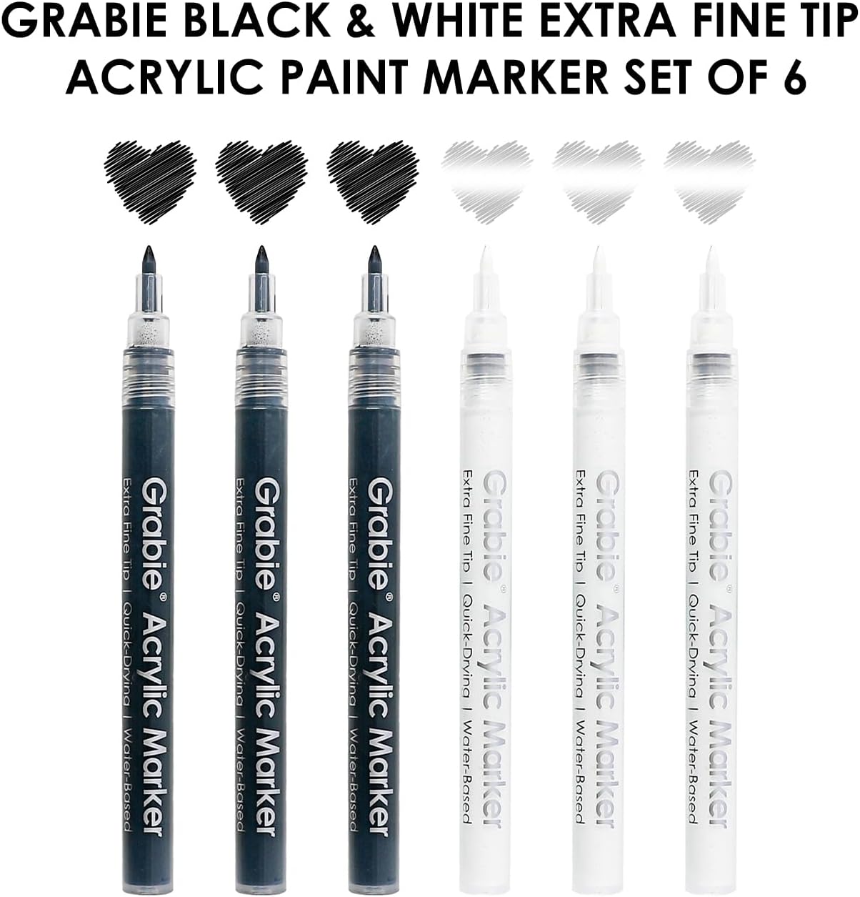Grabie Black & White Extra Fine Tip Acrylic Paint Marker Set, 6 Pack, 0.7mm Acrylic Paint Pens for Highlights and Fine Details on Drawings, Rock Painting Glass Canvas Wood, White Highlight Markers