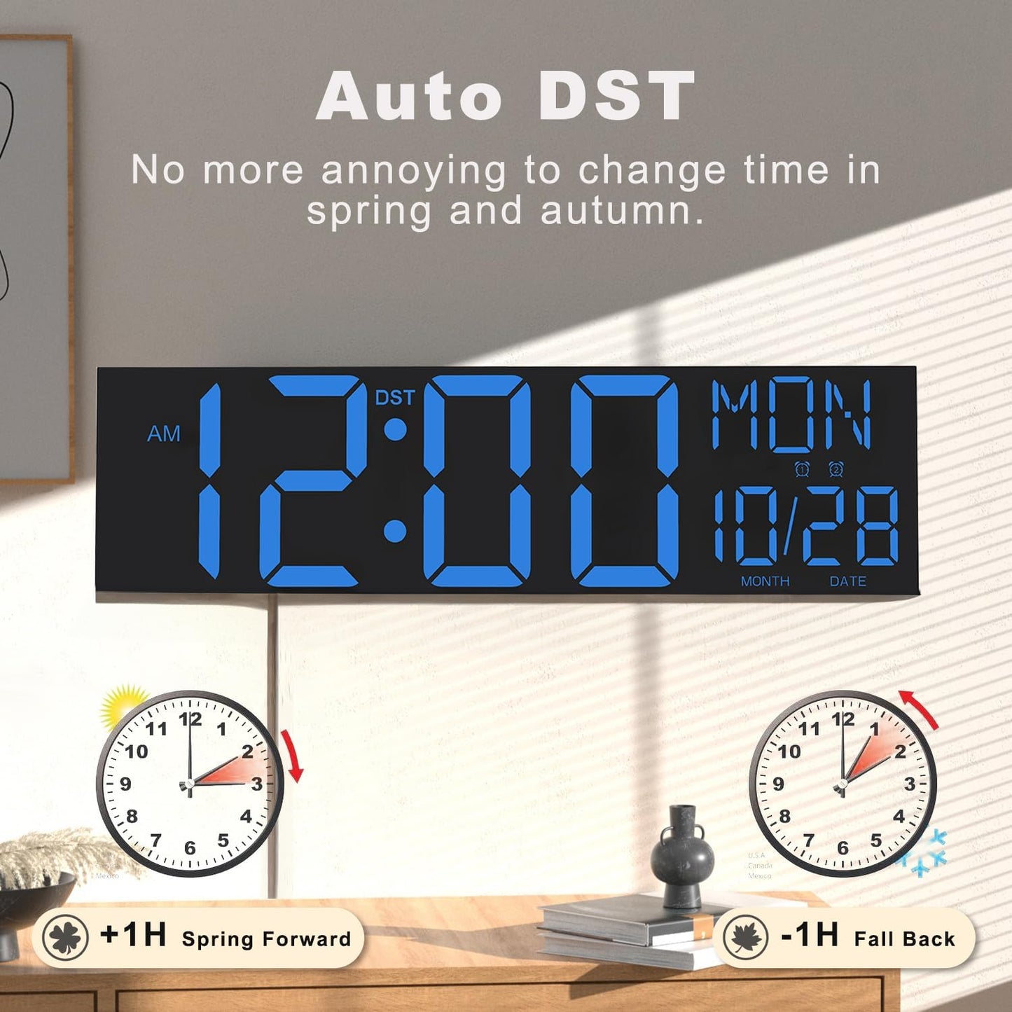 JALL 30" Large Digital Wall Mount Clock with Remote Control, Alarm, Big LED, Countdown, Auto DST, Temperature for Living Room Classroom Desk, Xmas, Birthday Gift for Senior Men Women Mom Dad, Blue