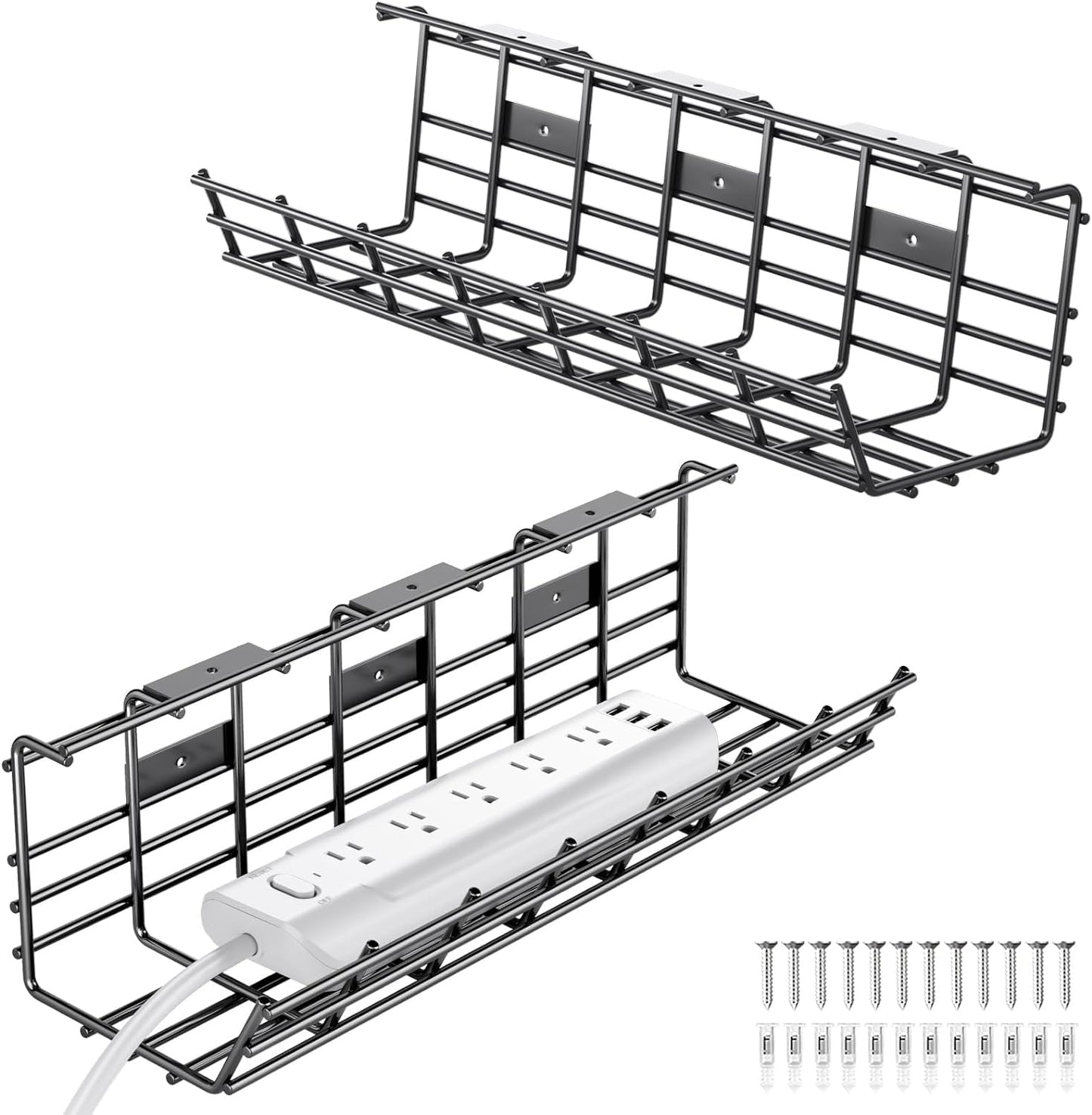 2 Pack DELAMU Under Desk Cable Management Tray, Large Metal Cord Organizer, Office & Home Cord Wire Management Under Desk Shelf, Easy Install Pre-drilled Cable Organizer, Black