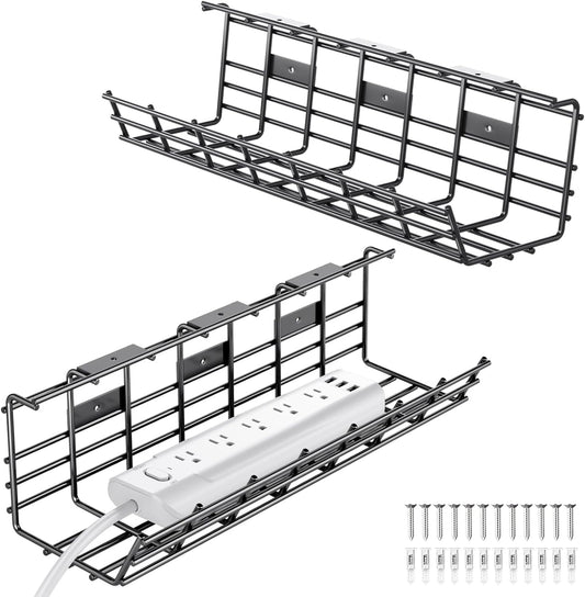 2 Pack DELAMU Under Desk Cable Management Tray, Large Metal Cord Organizer, Office & Home Cord Wire Management Under Desk Shelf, Easy Install Pre-drilled Cable Organizer, Black