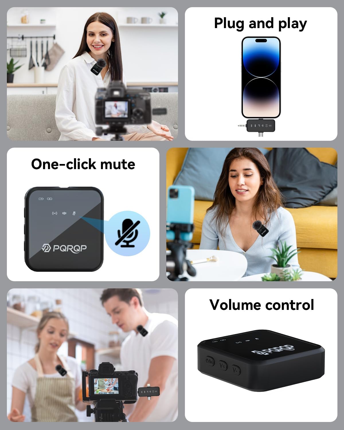 PQRQP 3-in-1 Mini Microphone for iPhone/Android/Camera, Hi-Fi Audio, 48kHz/24-bit, Wireless Microphones, 328ft Range, 20H Battery, Lapel Mic with Noise Reduction for Live Streaming, TikTok, YouTube