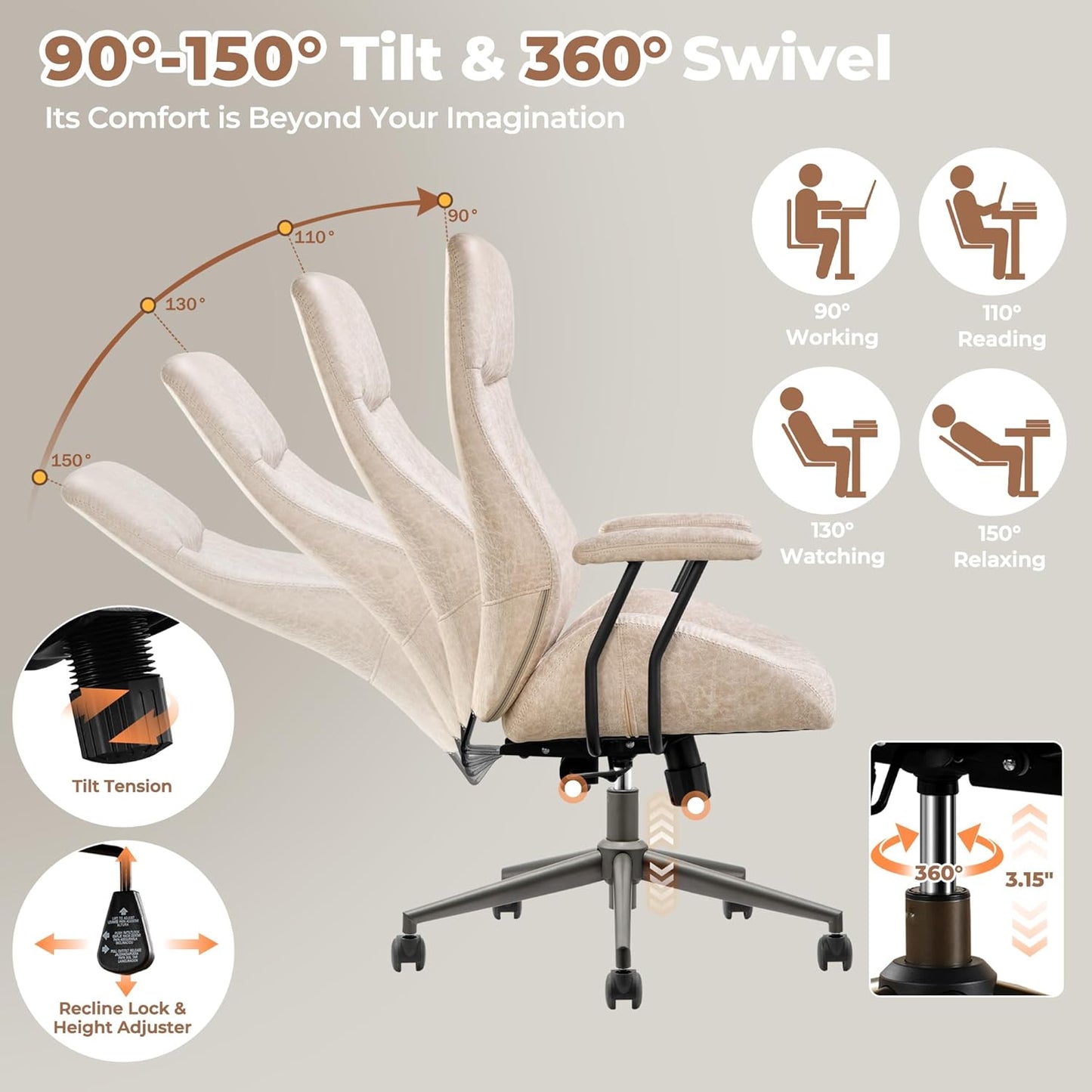 ovios Ergonomic Home Office Chair, Mid-Century Modern Faux Leather Chairs with Padded Armrests, Comfy High Back Swivel Rolling Executive Computer Armchair (Beige, Suede Leather)