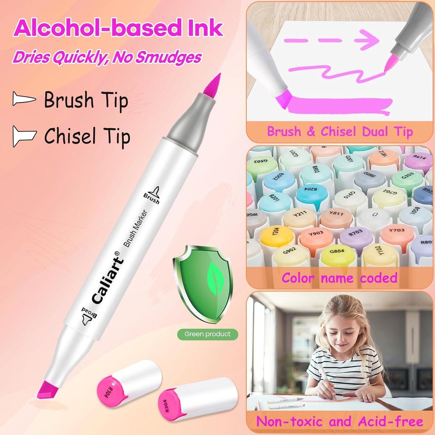 Caliart 18 Colors Brush & Chisel Permanent Alcohol Markers, Dual Tip Artist Sketch Art Markers Set for Adult Coloring Book, Aesthetic Cute School Supplies, Pens for Drawing Coloring Illustrations