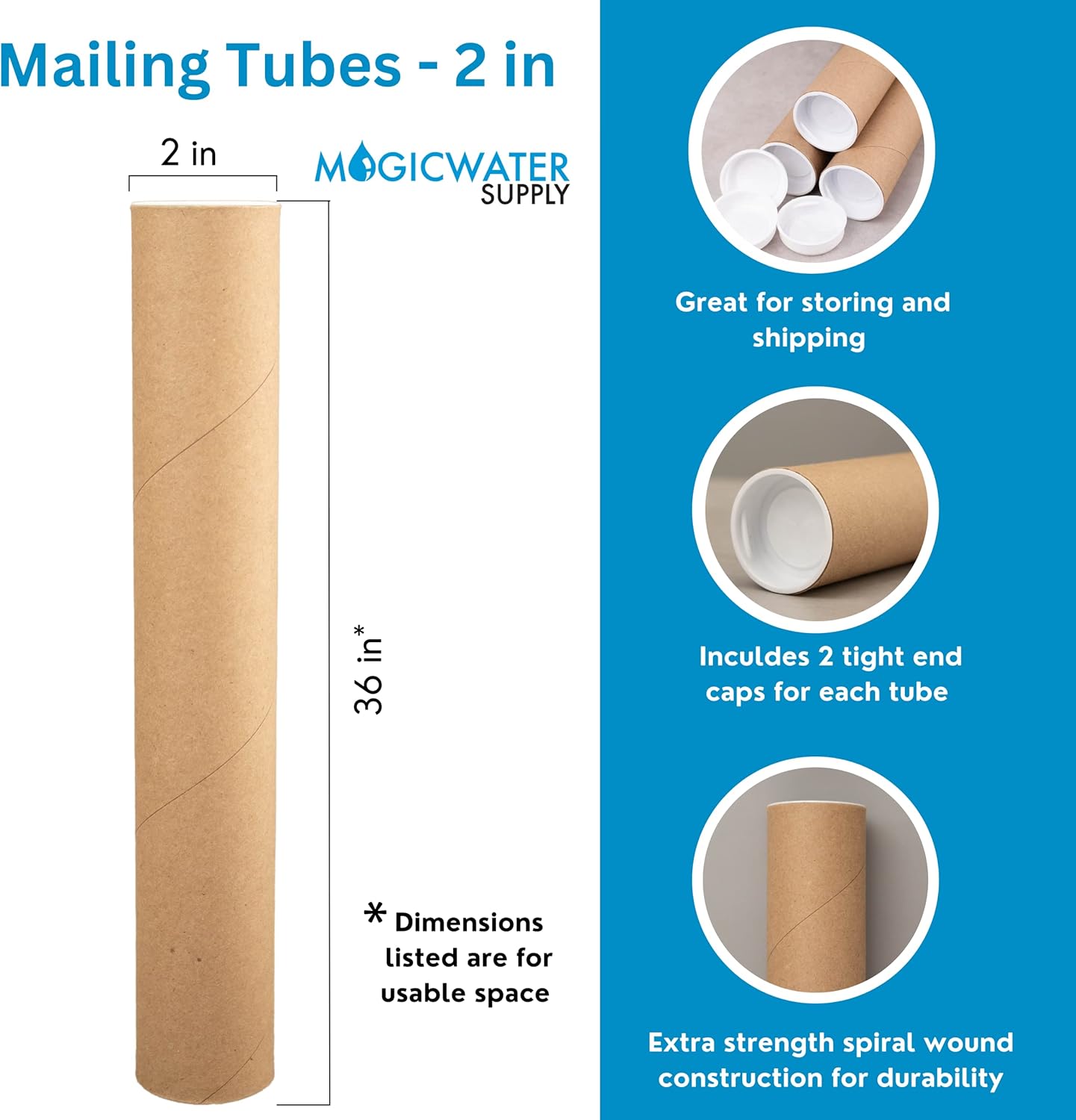 MagicWater Supply Mailing Tube - 2 in x 36 in - Kraft - 6 Pack - for Shipping and Storage of Posters, Arts, Crafts, and Documents