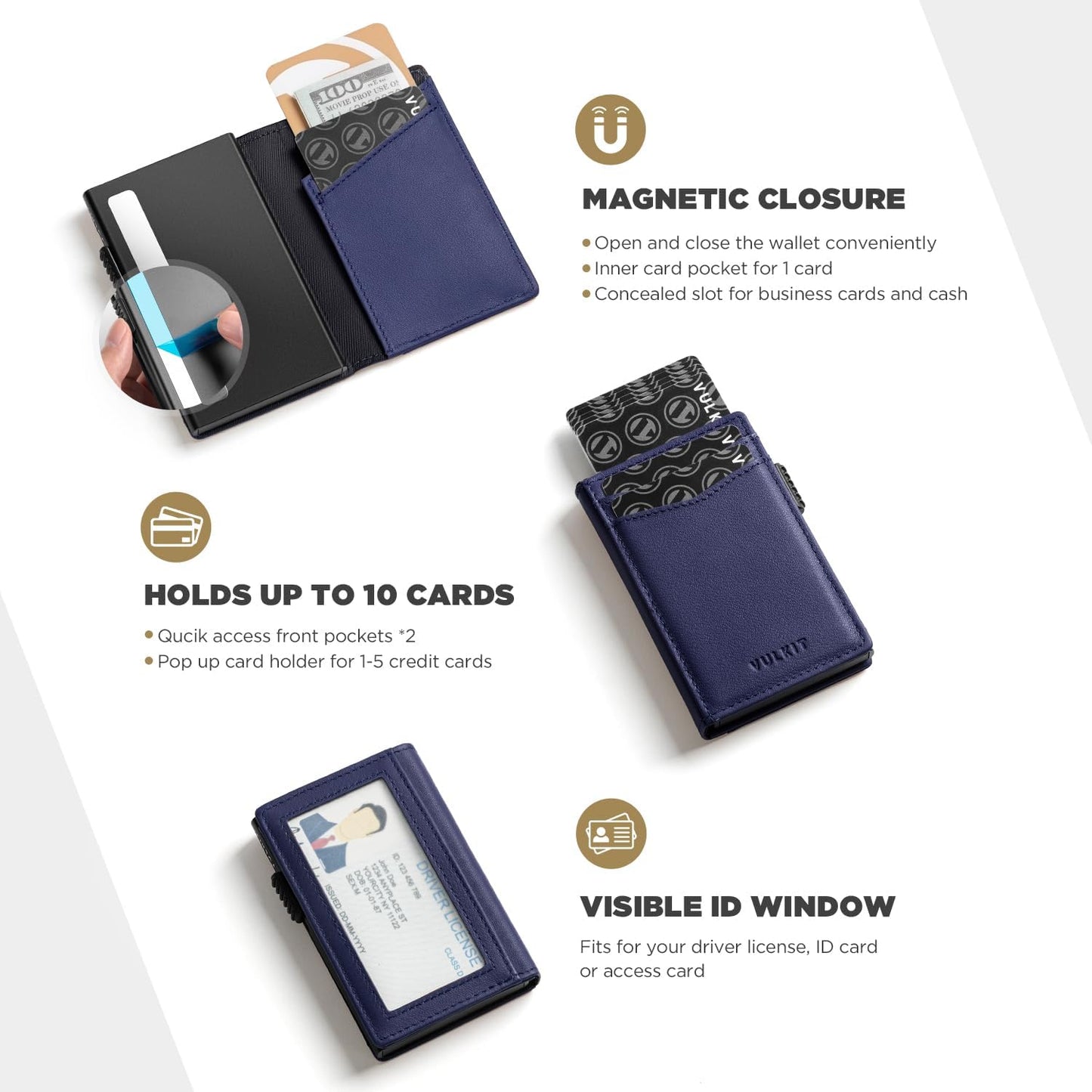 VULKIT Men's Wallet with ID Window Top Grain Leather RFID Blocking Minimalist Wallet Pop Up Card Holder Magnetic Closure